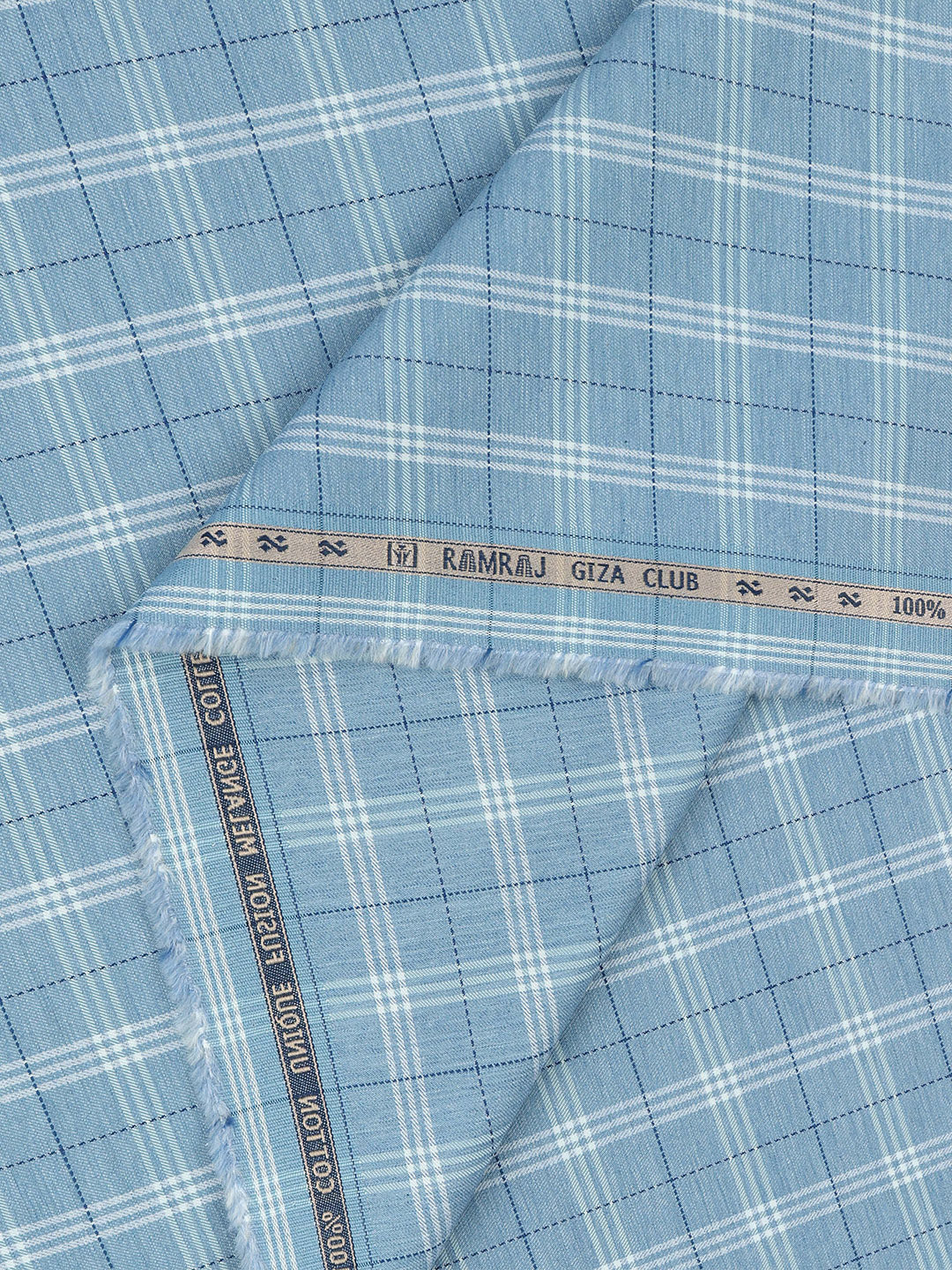 100% Giza Cotton Blue Checked Shirt Fabric Grand Unique