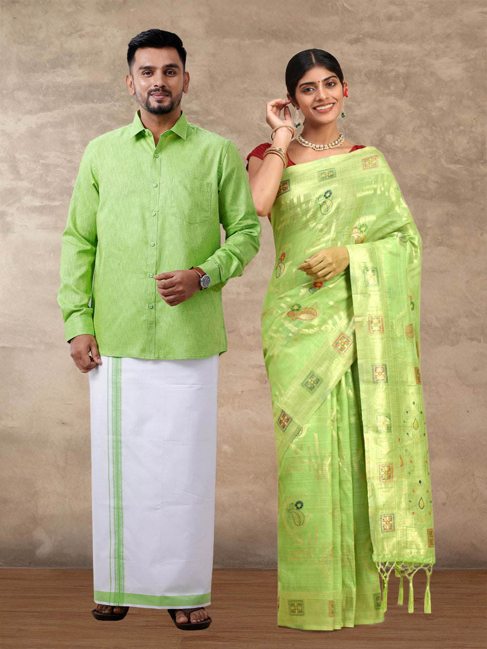 Couple Combo Shirt & Dhoti Set with Saree Green SL166