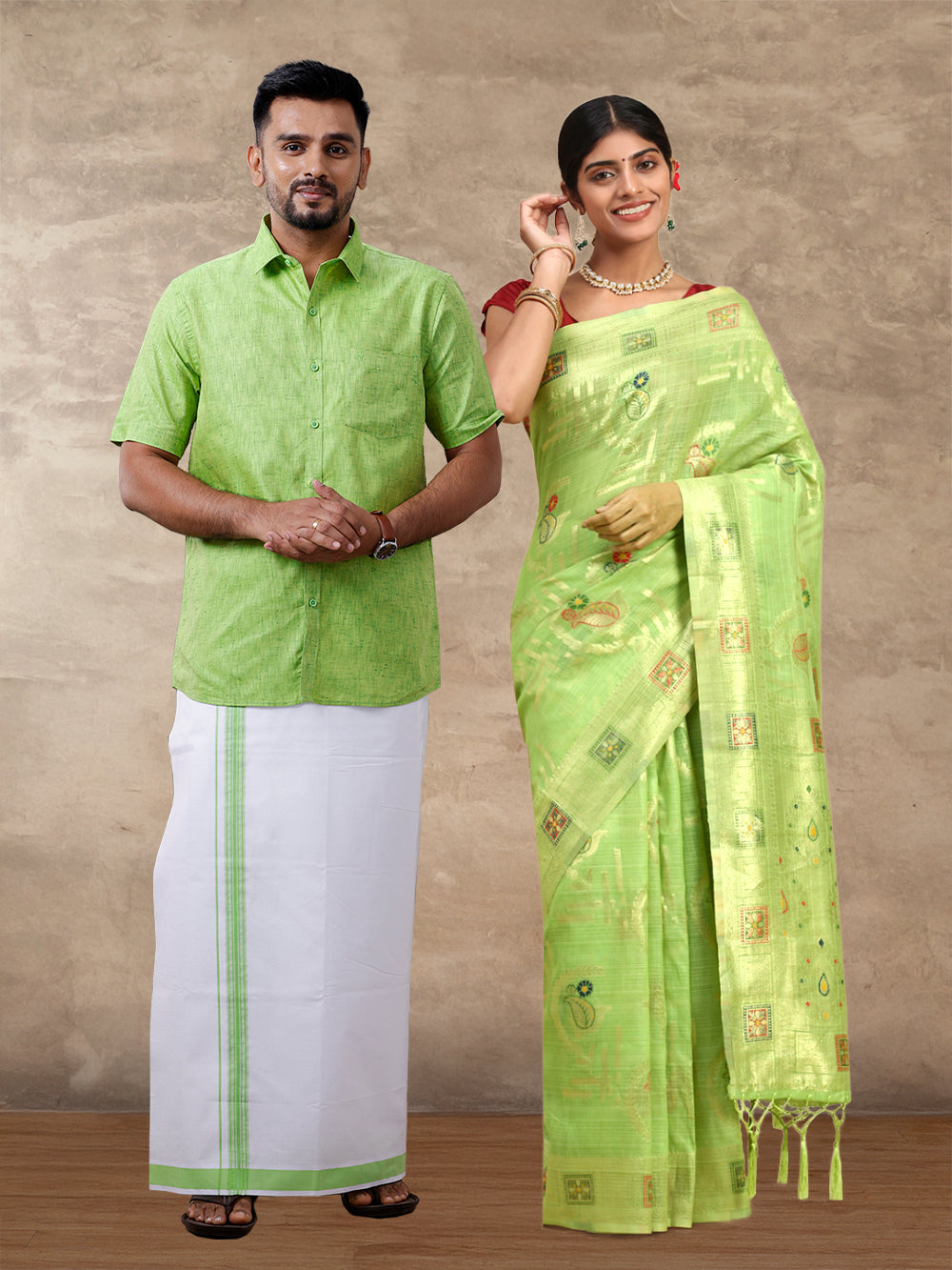 Couple Combo Shirt & Dhoti Set with Saree Green SL166