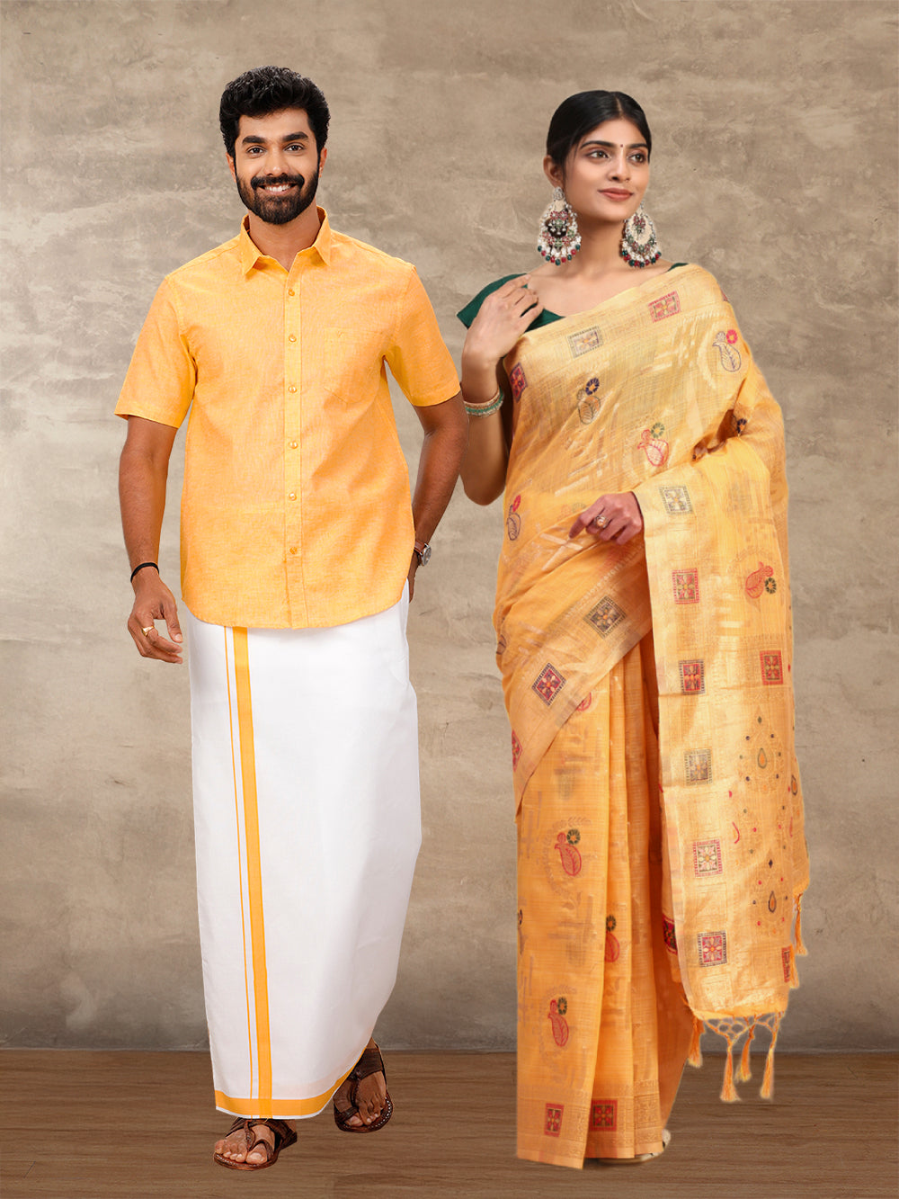 Couple Combo Shirt & Dhoti Set with Saree Yellow SL167