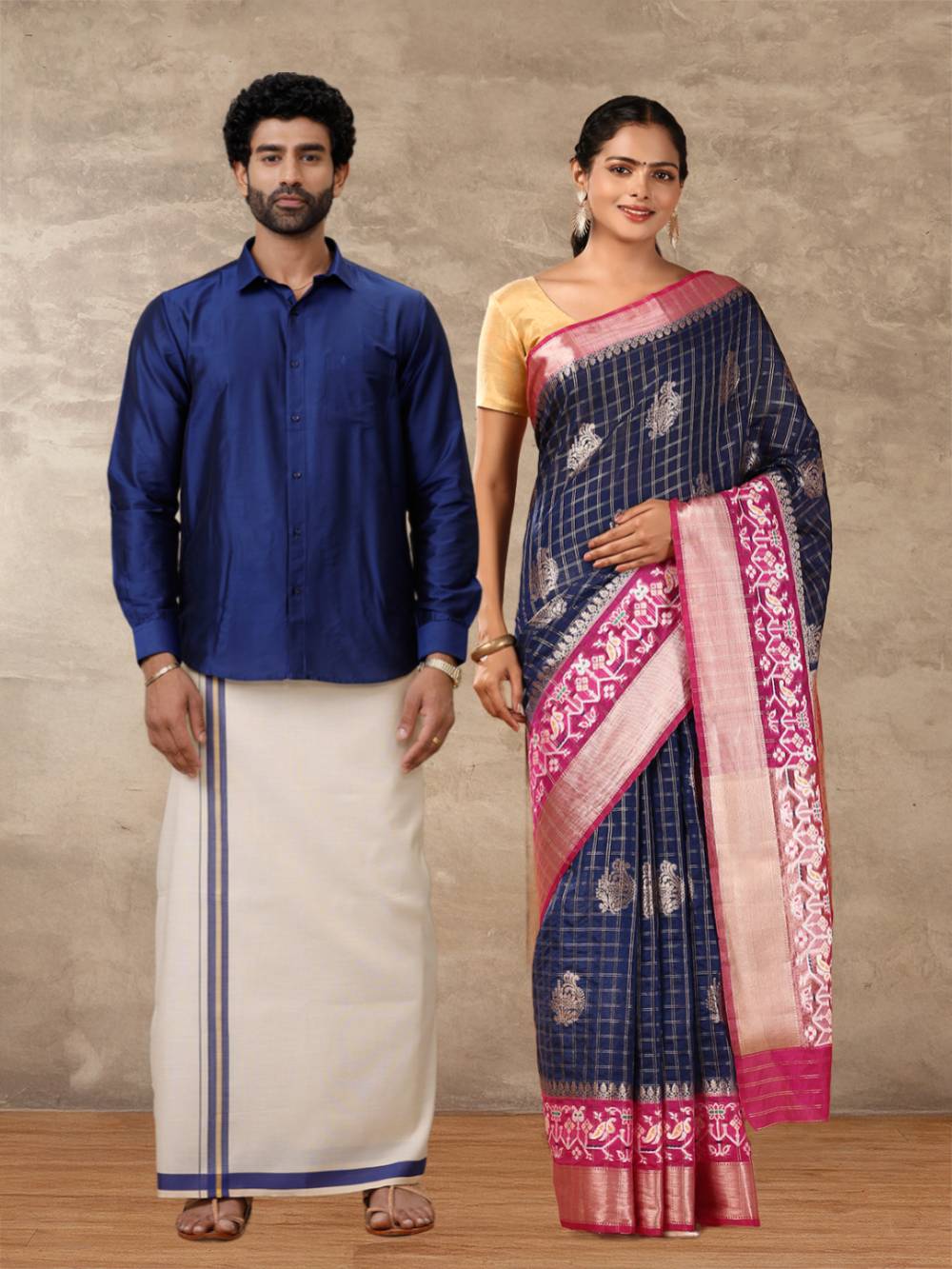 Couple Combo Shirt & Tissue Dhoti Set with Saree Blue SRS89