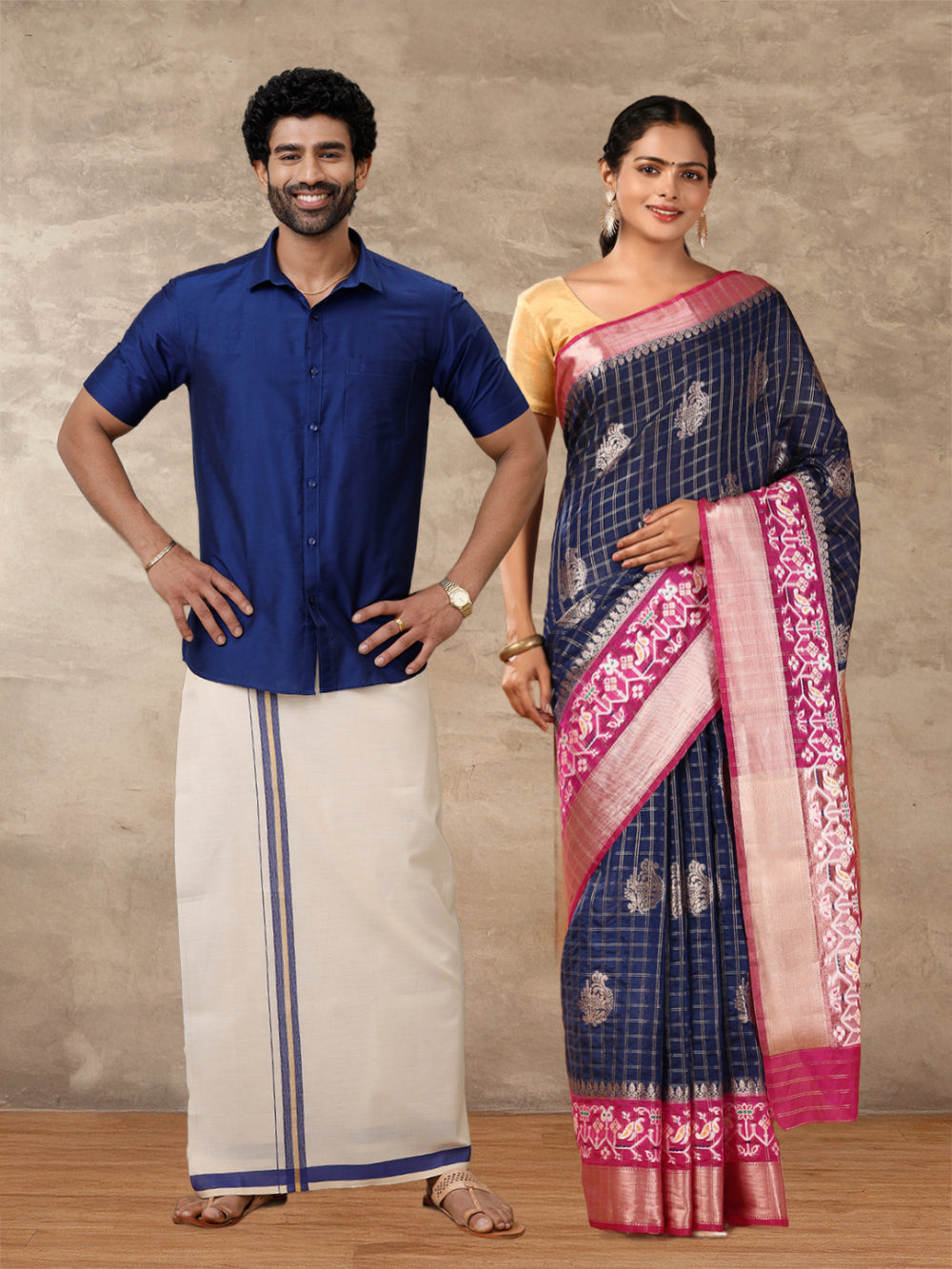 Couple Combo Shirt & Tissue Dhoti Set with Saree Blue SRS89