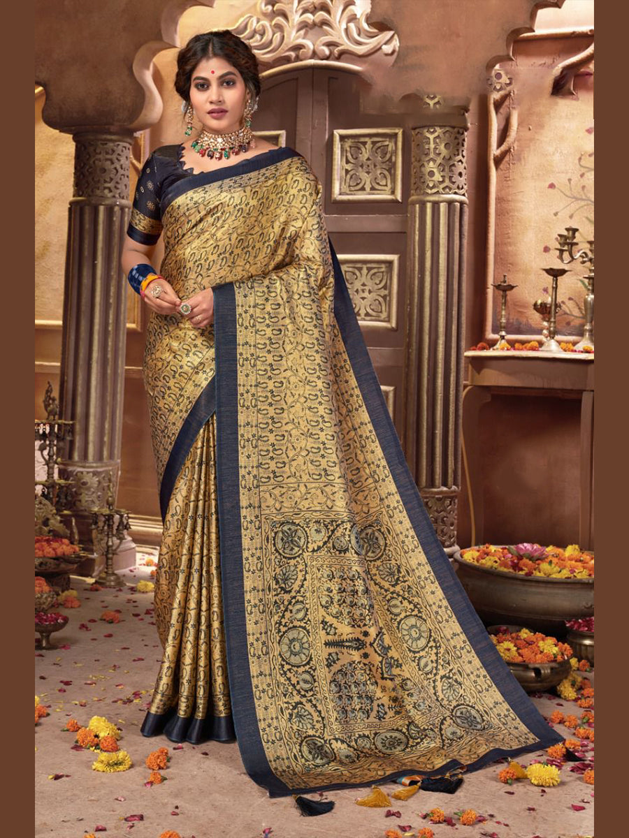 Women Elegant Semi Silk Gold Saree with Tussle SS64