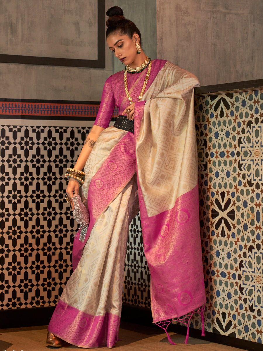 Women Stylish Semi Silk Sandal Saree with Contrast Pink Jari Border SS73
