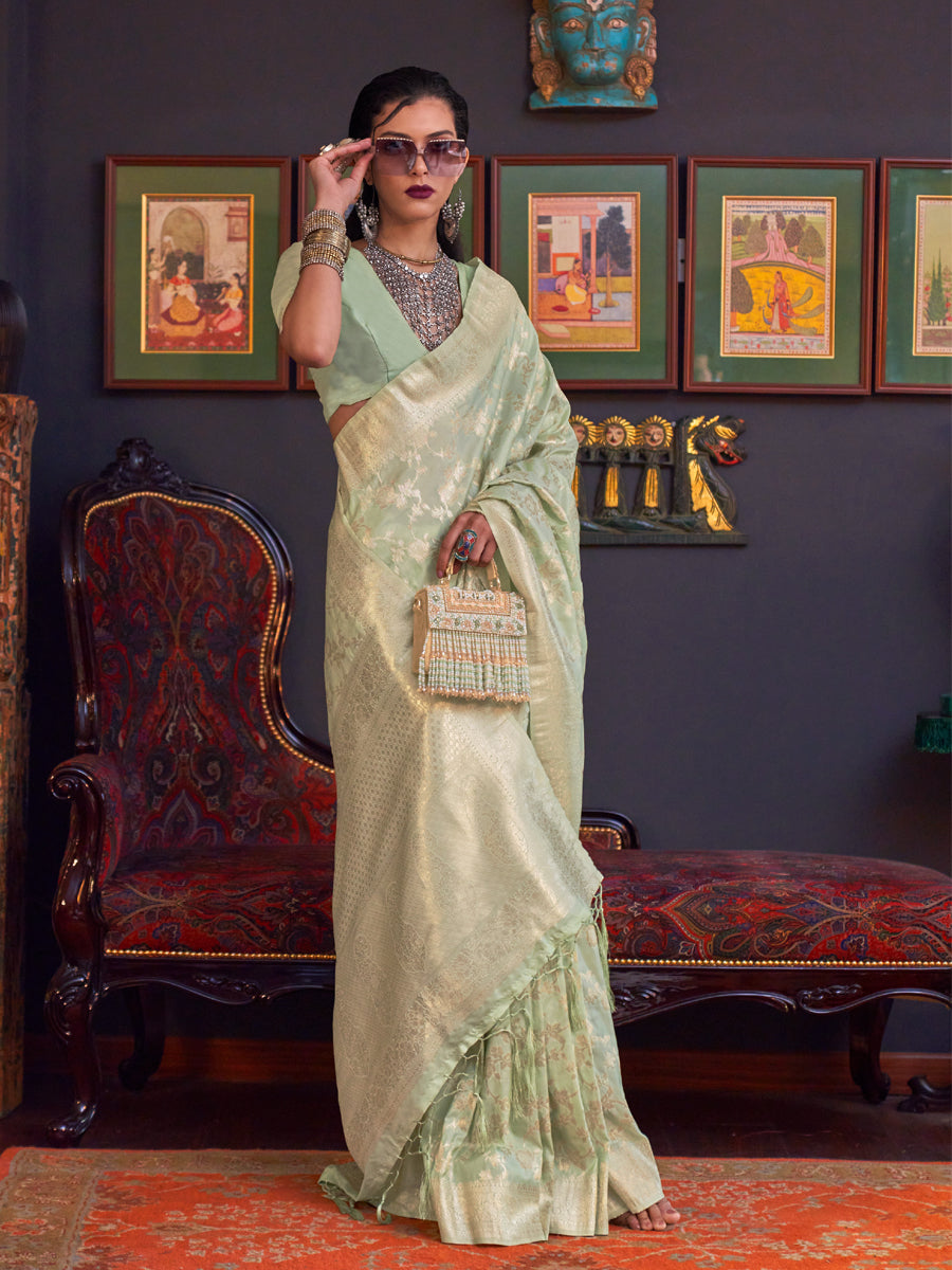 Women Stylish Flower Design Semi Silk Pista Green Saree with Jari Border SS75-Full view
