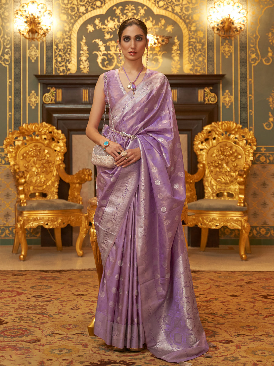 Women Stylish Flower Design Semi Silk Lavender Saree with Jari Border SS77