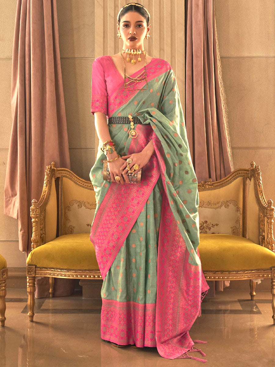 Women Stylish Semi Silk Green Saree with Pink Border SS83