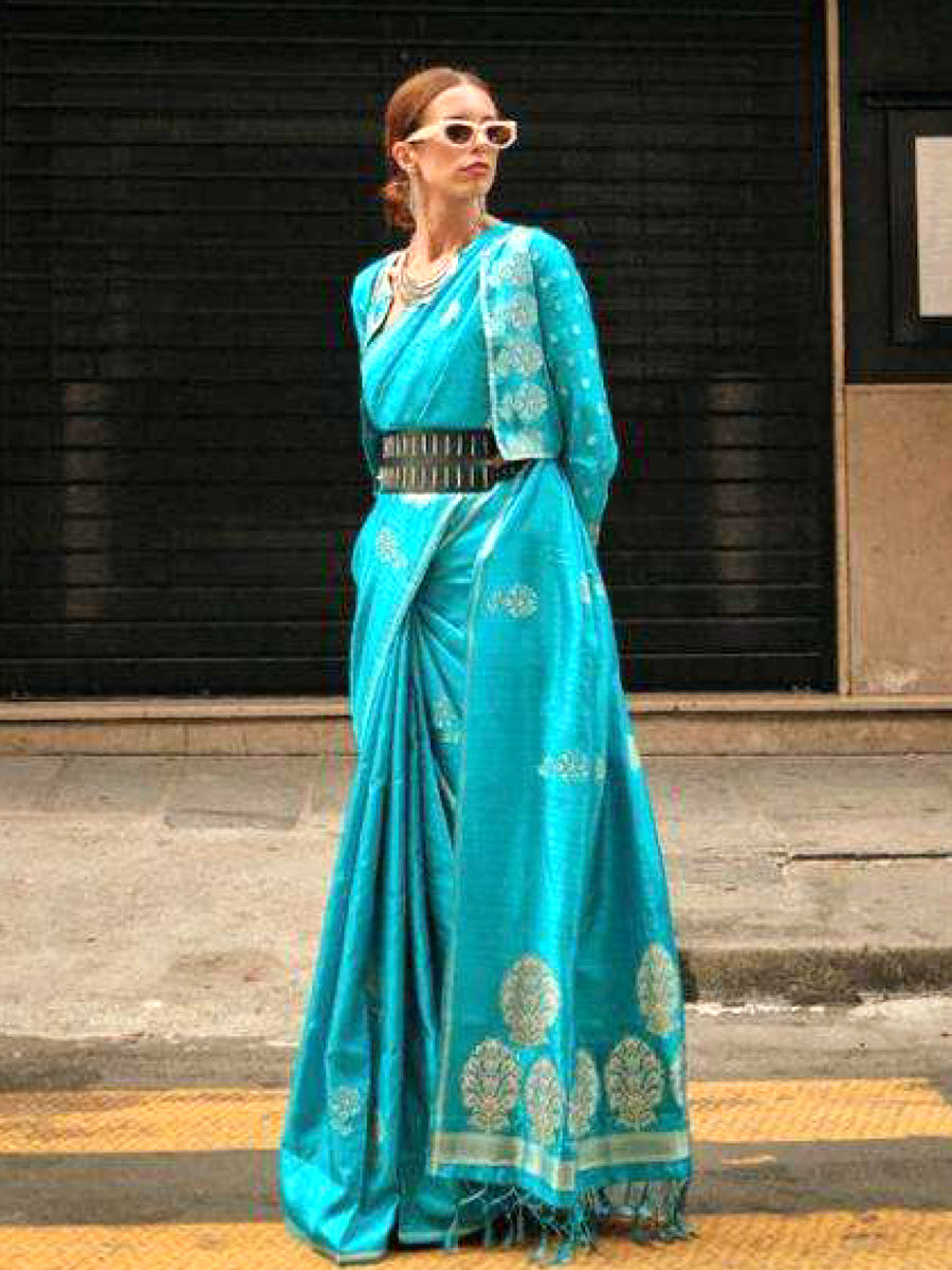 Women Stylish Flower Design Semi Silk Blue Saree with Tussle SS87