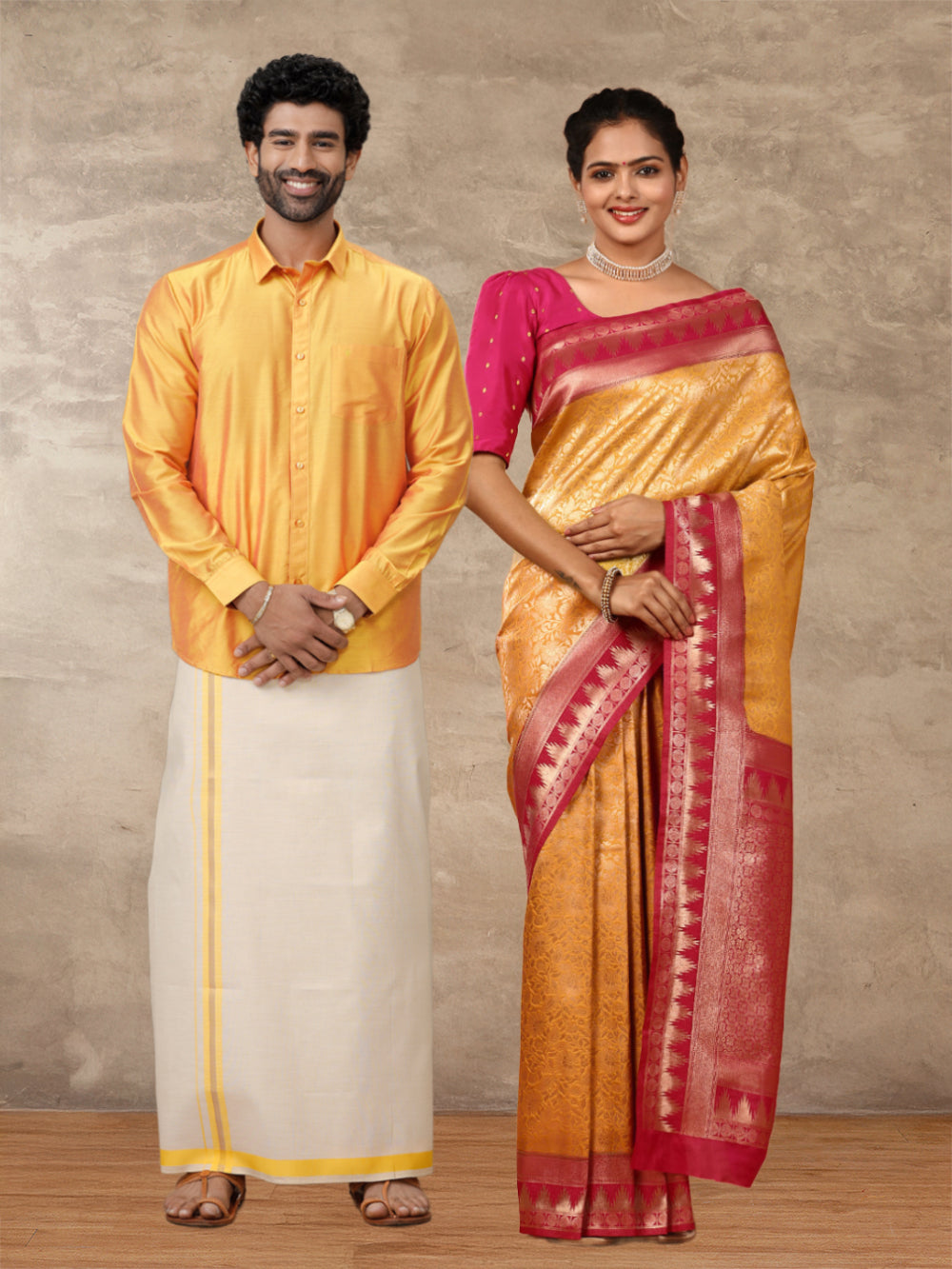 Couple Combo Shirt & Dhoti Set with Saree Yellow SS212