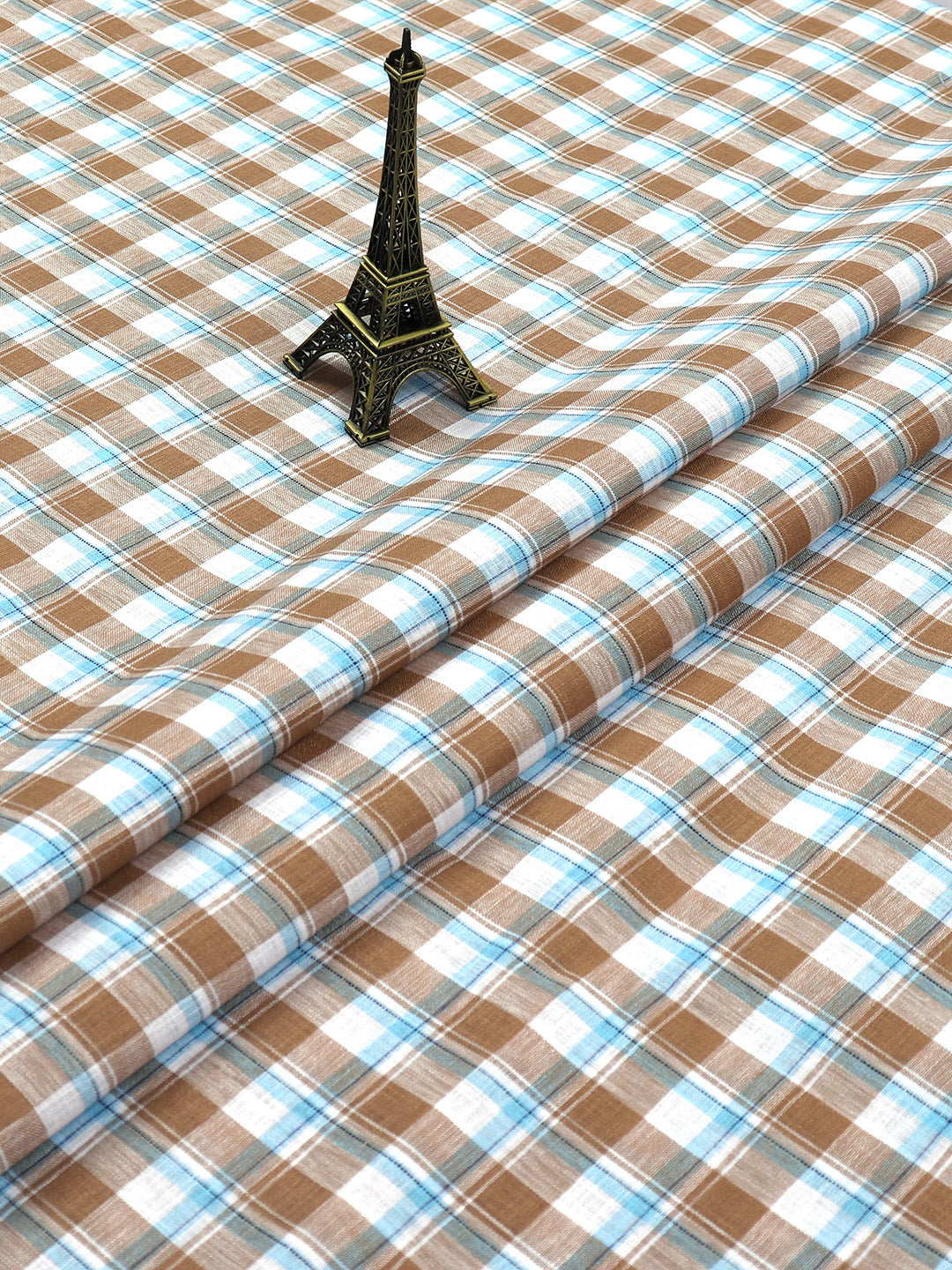Cotton Blue with Green Checked Shirt Fabric Infinity-Close view