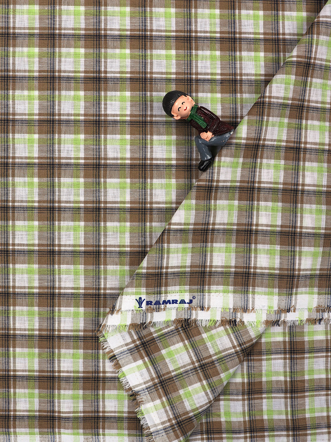Cotton Brown with Green Check Shirt Fabric Infinity-Double side view