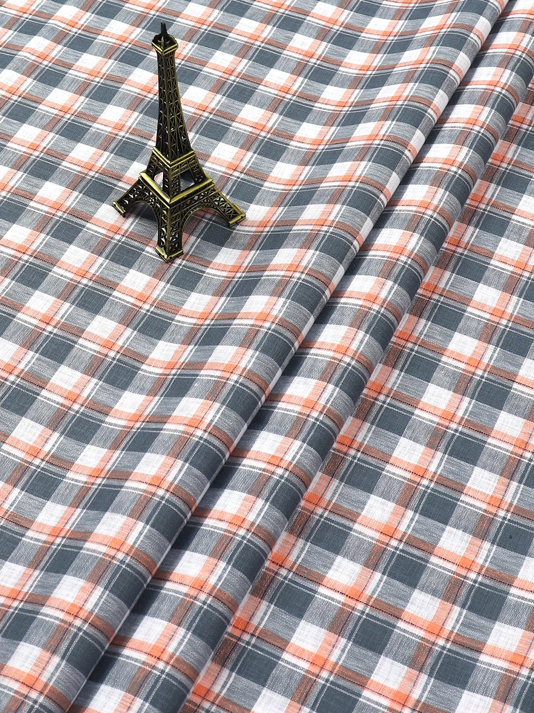 Cotton Grey with Orange Checked Shirt Fabric Infinity-Close view