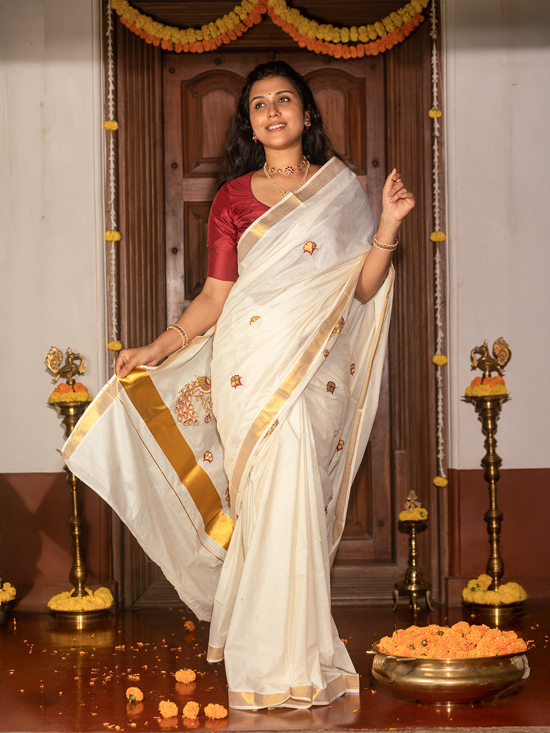 Women Kerala Traditional Cream Fancy Saree KS167