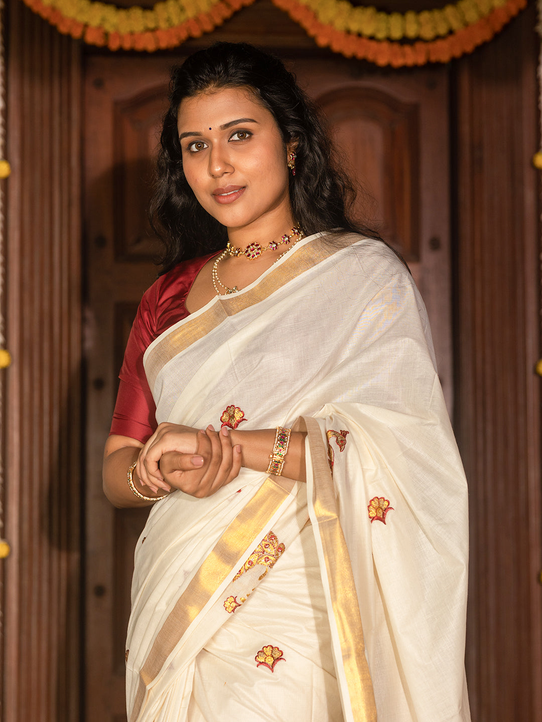 Women Kerala Traditional Cream Fancy Saree KS167
