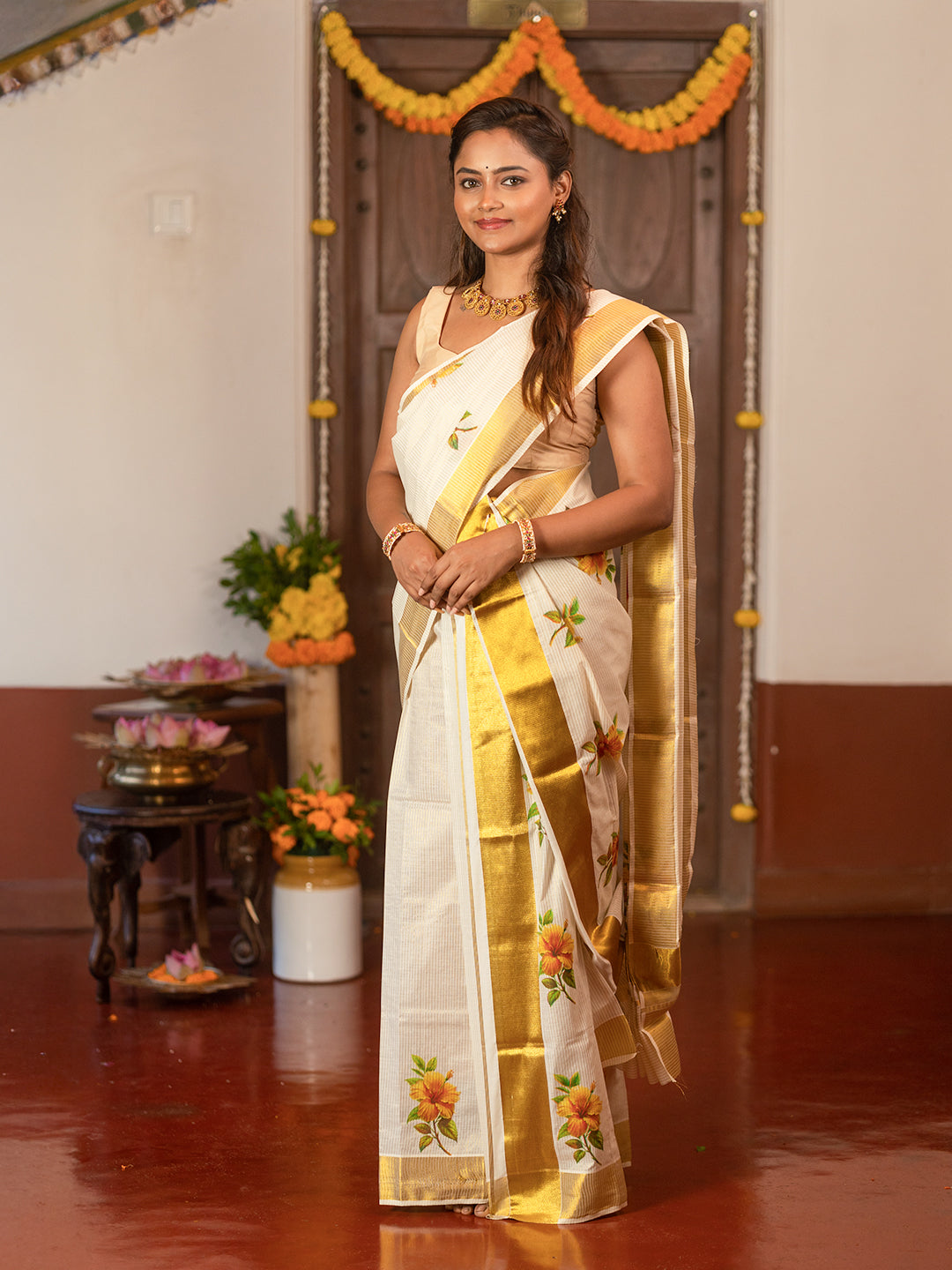 Women Kerala Cream Single Set Mundu Saree KS198
