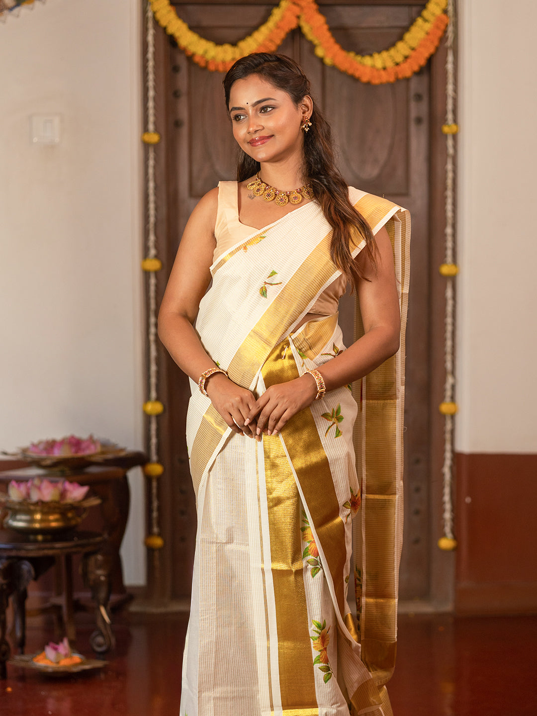 Women Kerala Cream Single Set Mundu Saree KS198