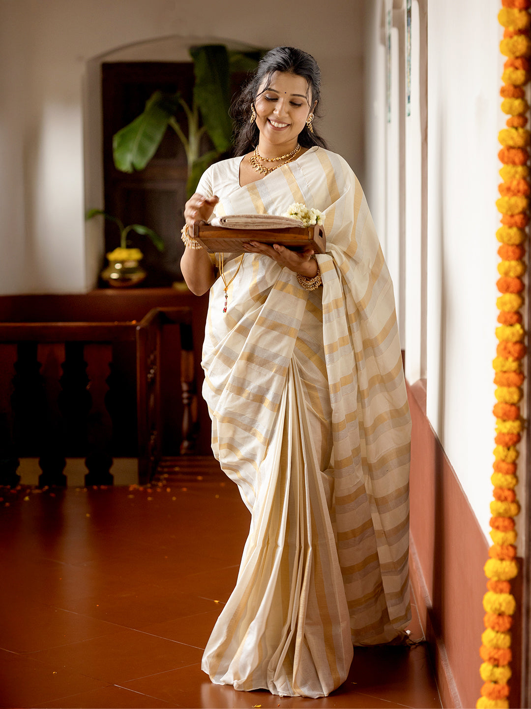 Women Kerala Cream Saree with Gold & Silver Stripes KS195