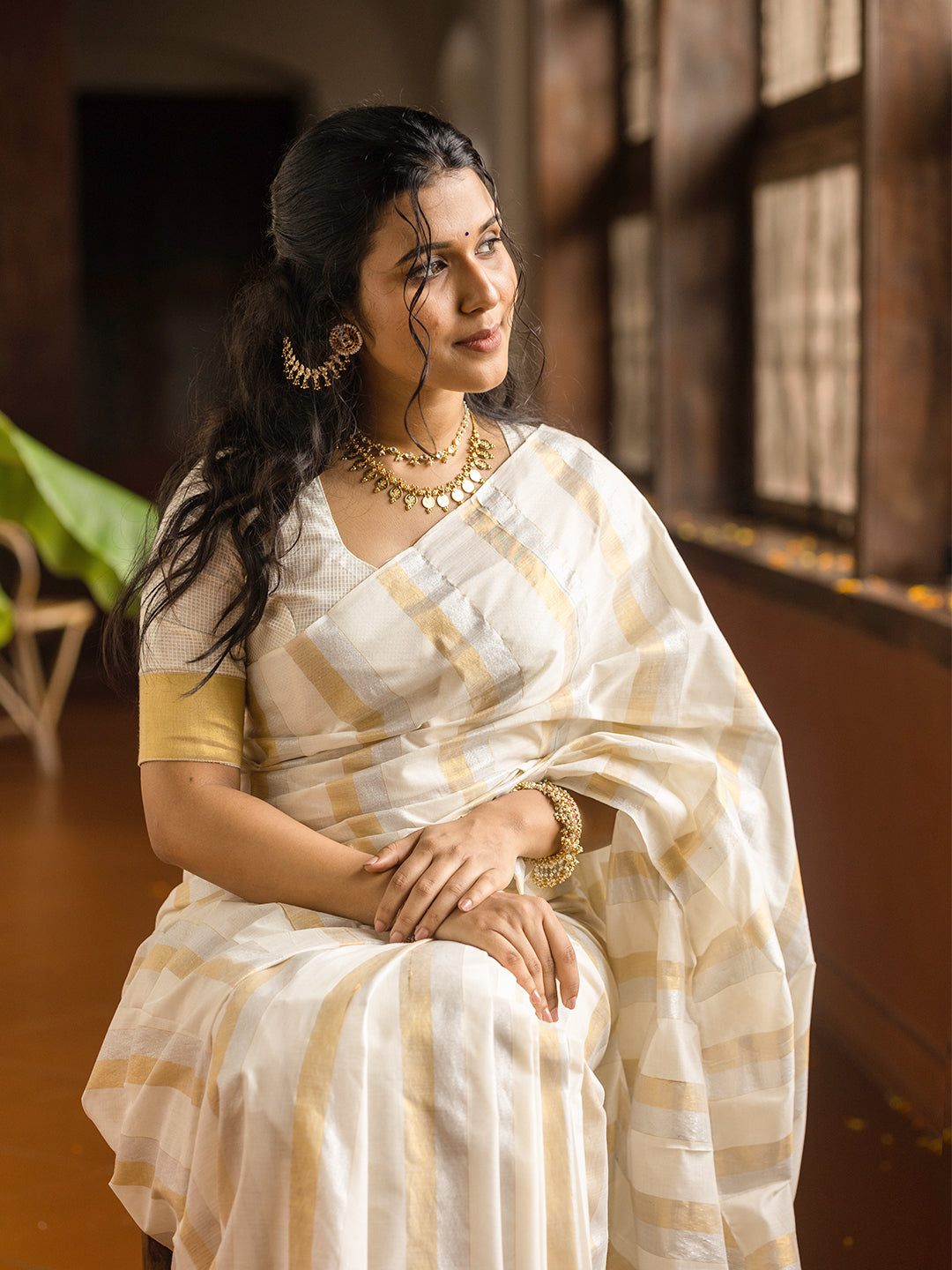Women Kerala Cream Saree with Gold & Silver Stripes KS195