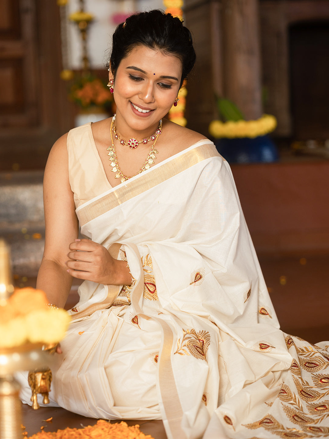 Women Kerala Cream Cotton Saree with Gold Border KS169