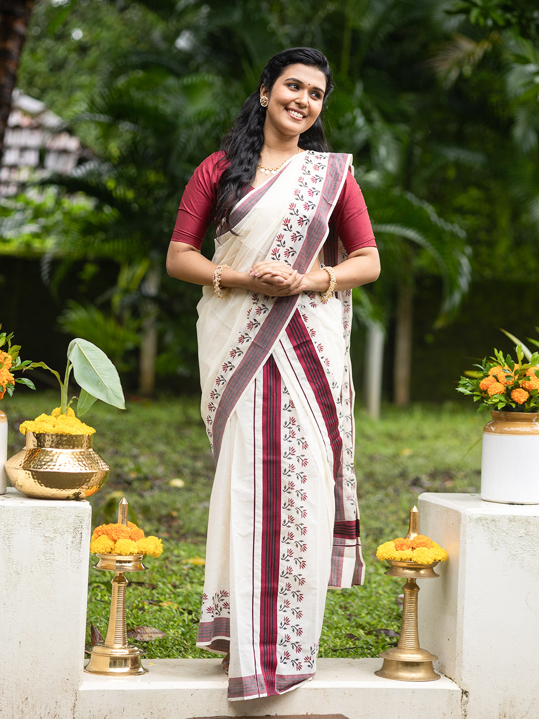 Women Kerala Cotton Set Mundu with Maroon Border KS181