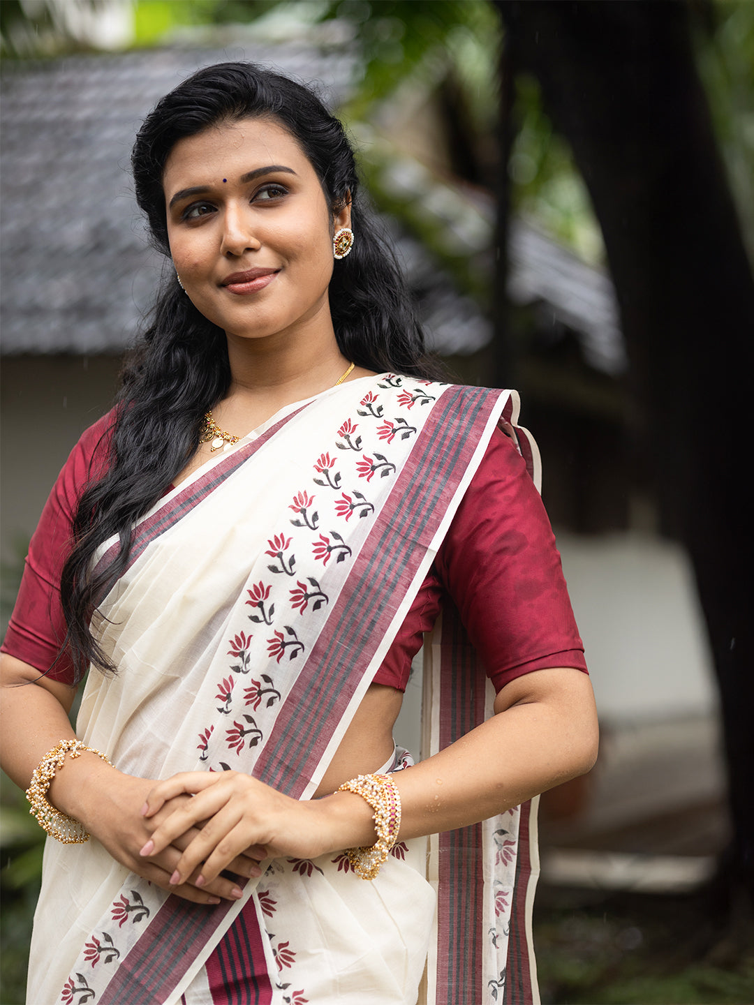 Women Kerala Cotton Set Mundu with Maroon Border KS181
