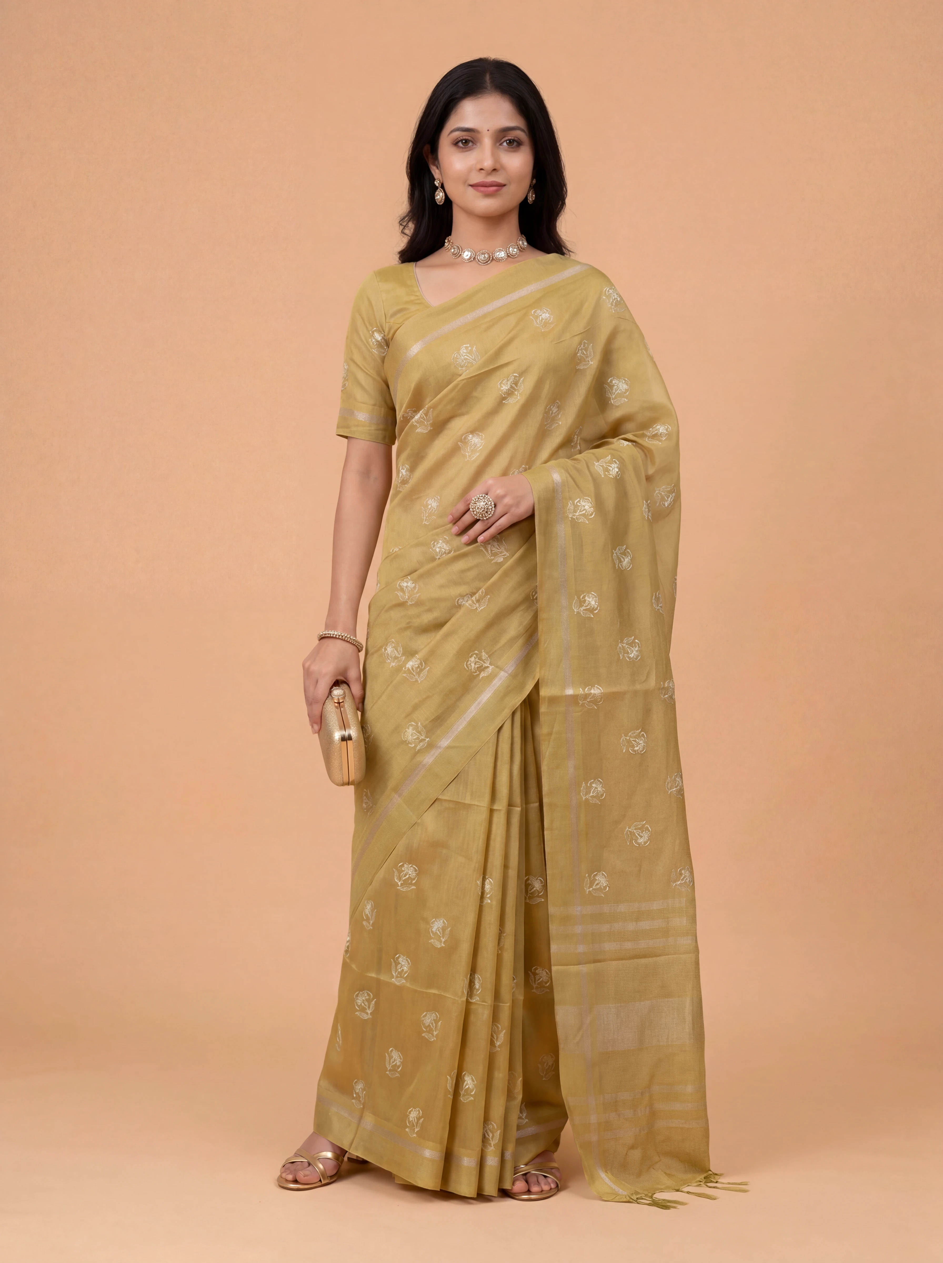 Women Semi Tussar Embroidered Mustard Saree ST350