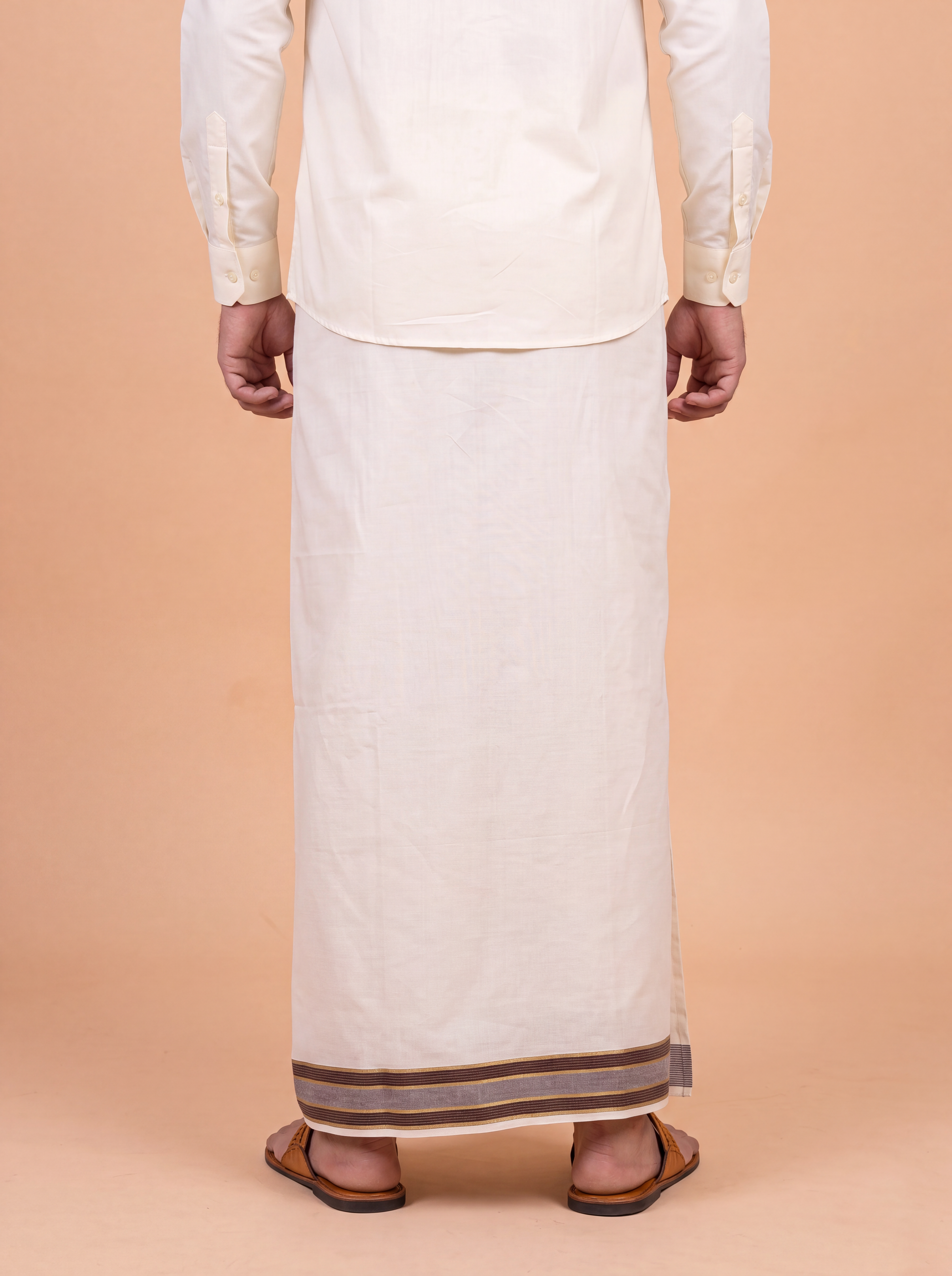 Double Layer Kora Cotton Cream Dhoti with Colour Jari Border - Excel 3.9m EGJ01
