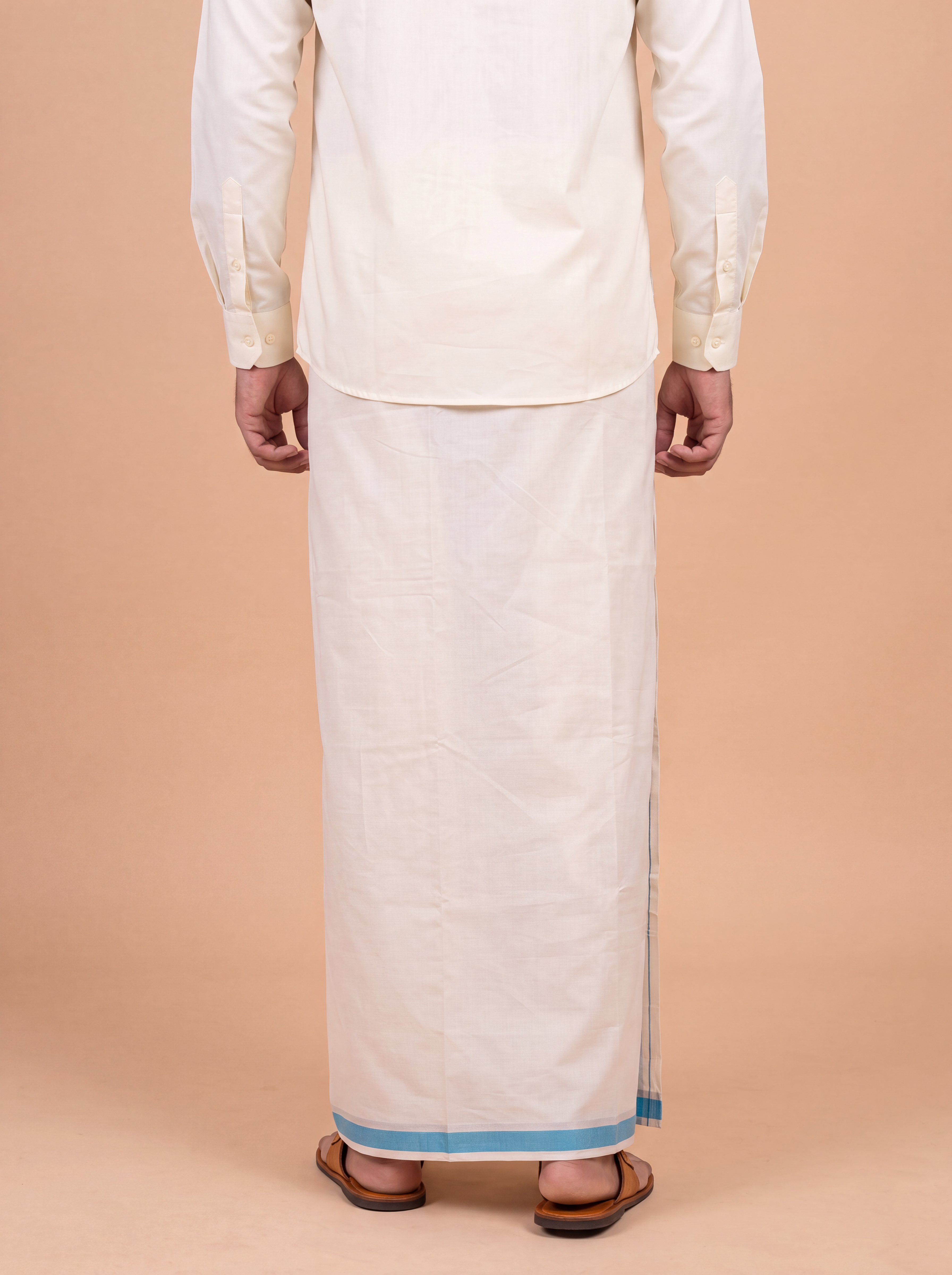 Double Layer Kora Cotton Cream Dhoti with Colour Jari Border - Chamber 3.9m CSJ02