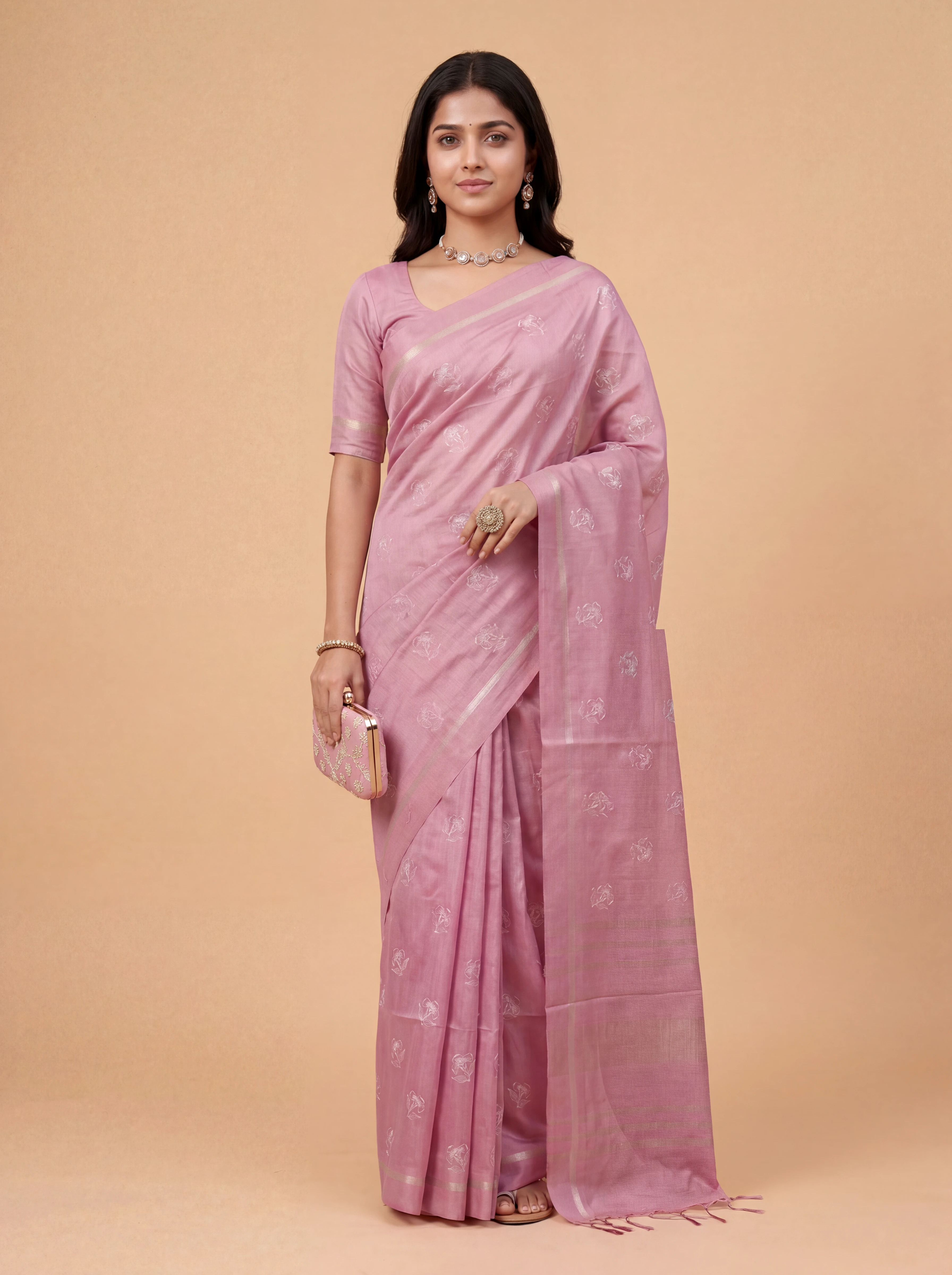 Women Semi Tussar Embroidered Pink Saree ST349