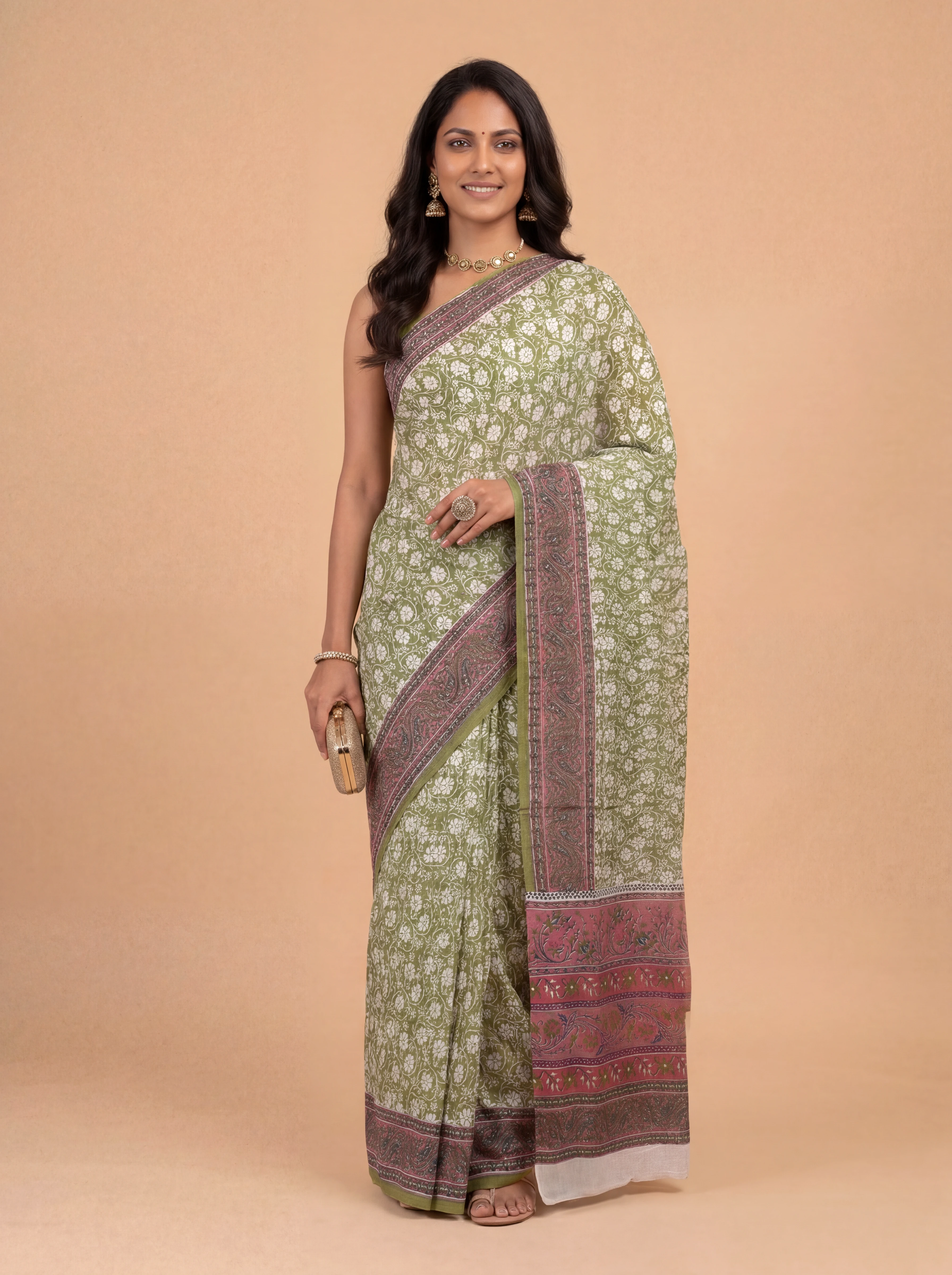 Women Pure Cotton Green Floral Printed Saree PCS276