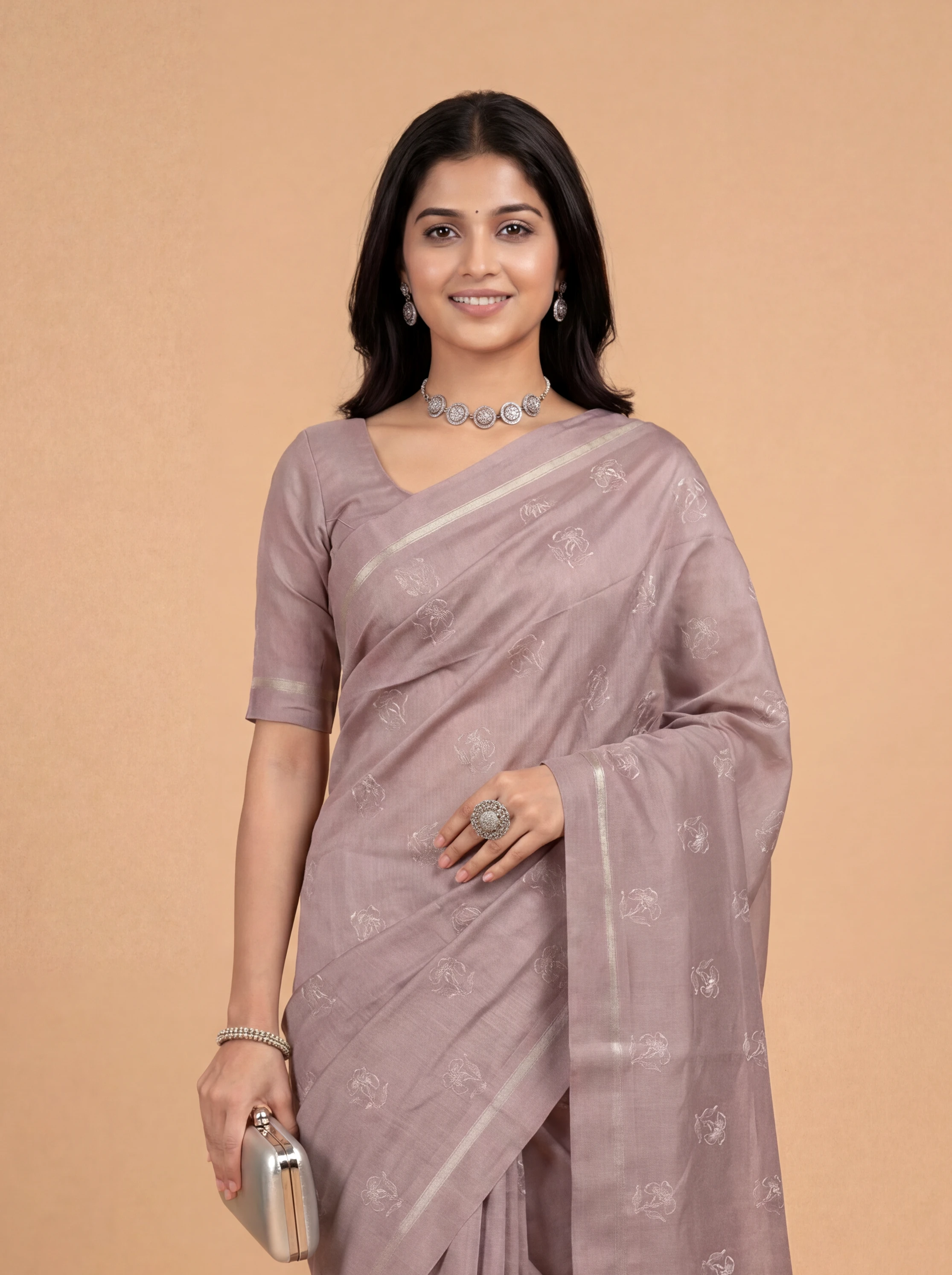 Women Semi Tussar Embroidered Purple  Saree ST352