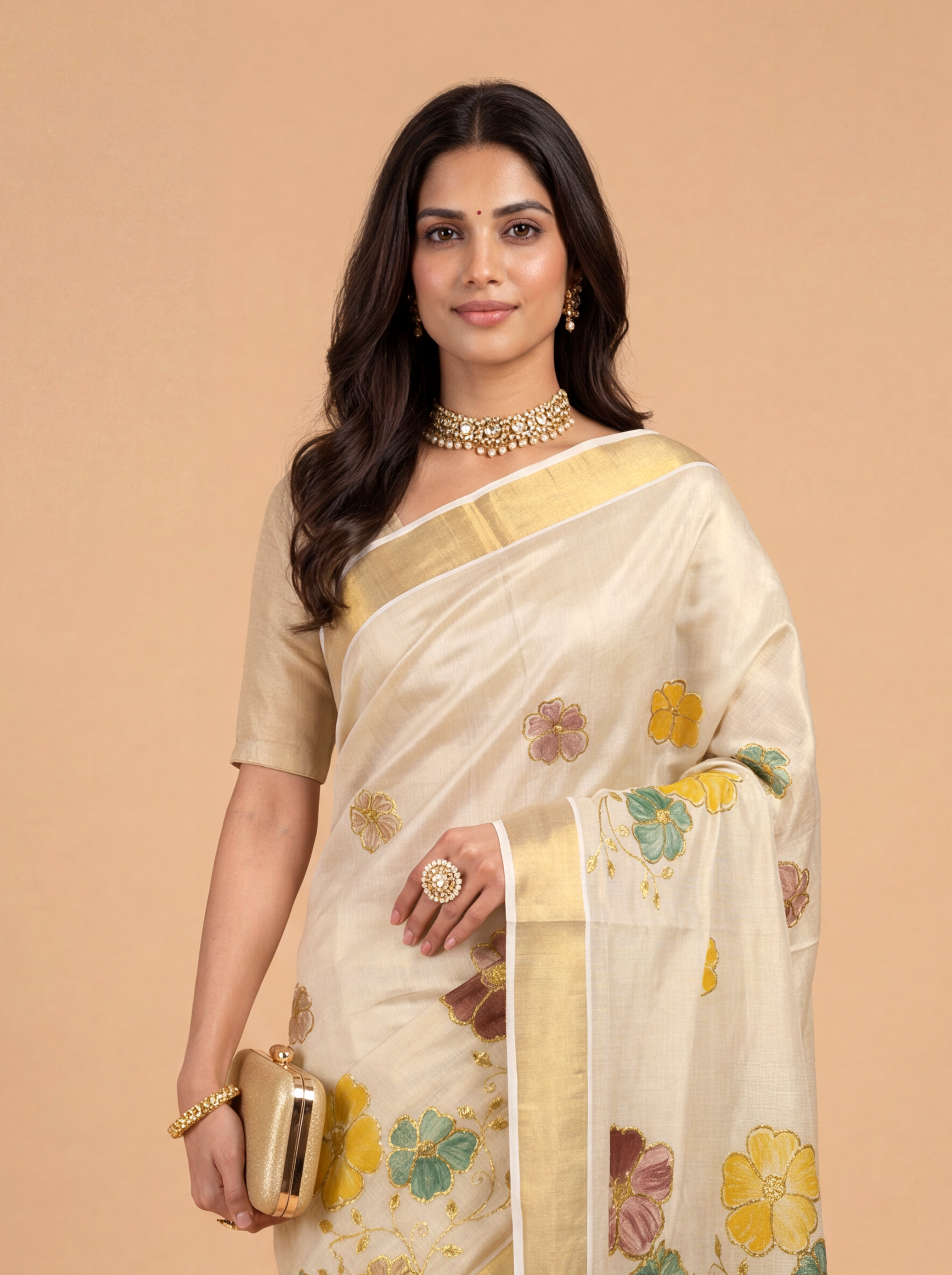 Women Tissue Embroidered and Hand Paint Saree KLS40