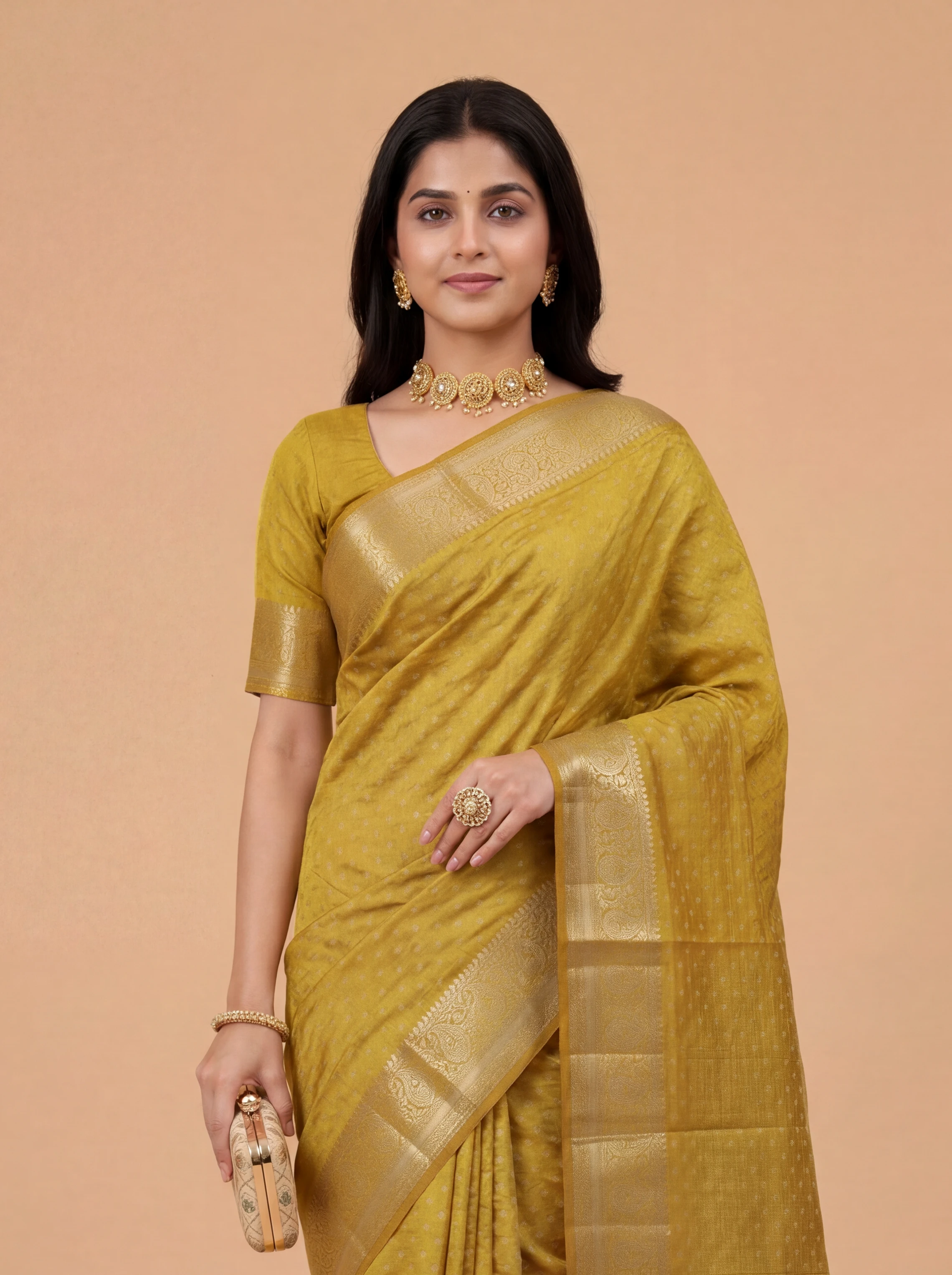 Women Semi Raw Silk Mustard Yellow Saree SRS120