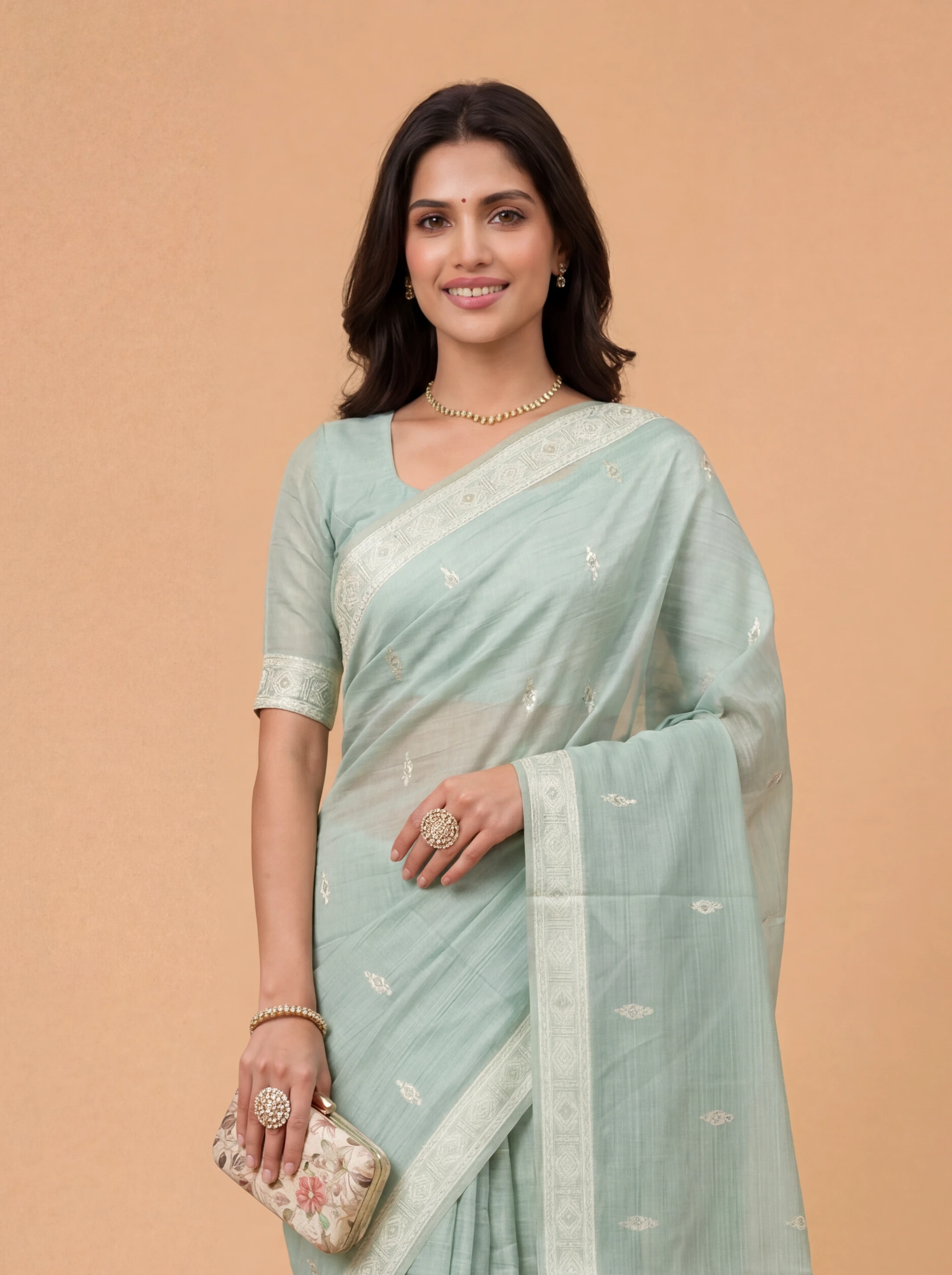 Women Mint Green Spun Poly Saree SP04
