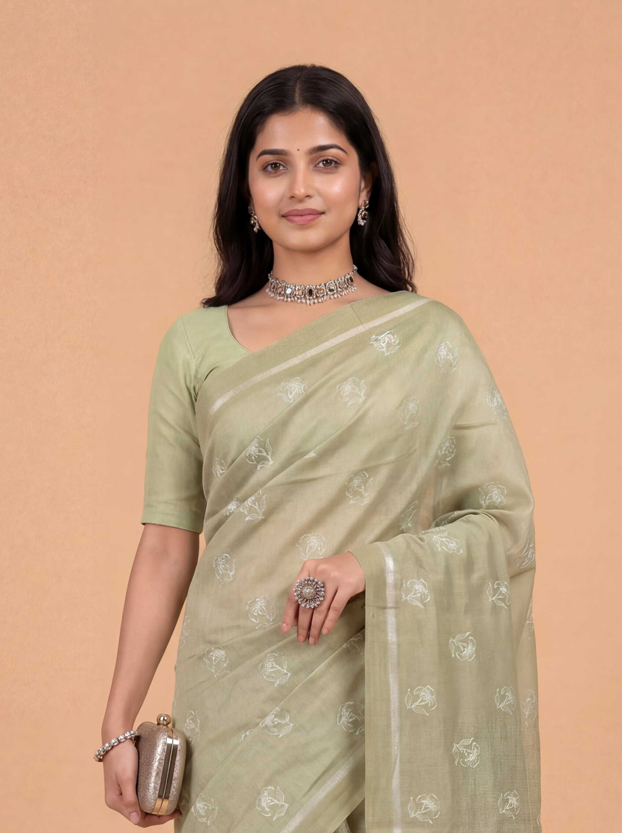 Women Semi Tussar Embroidered Pista Green Saree ST348