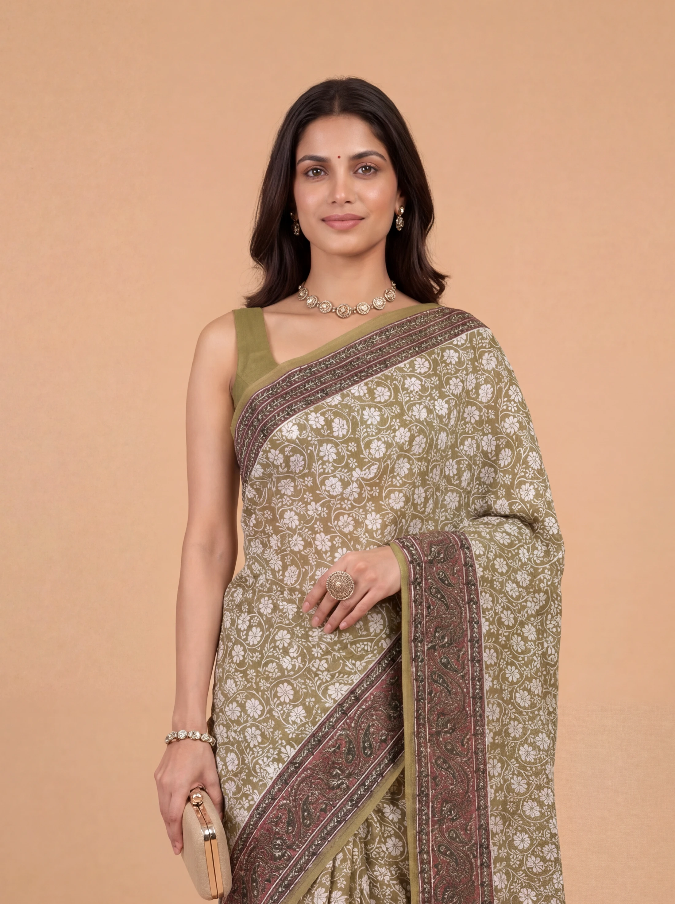 Women Pure Cotton Olive Green Floral Printed Saree PCS279