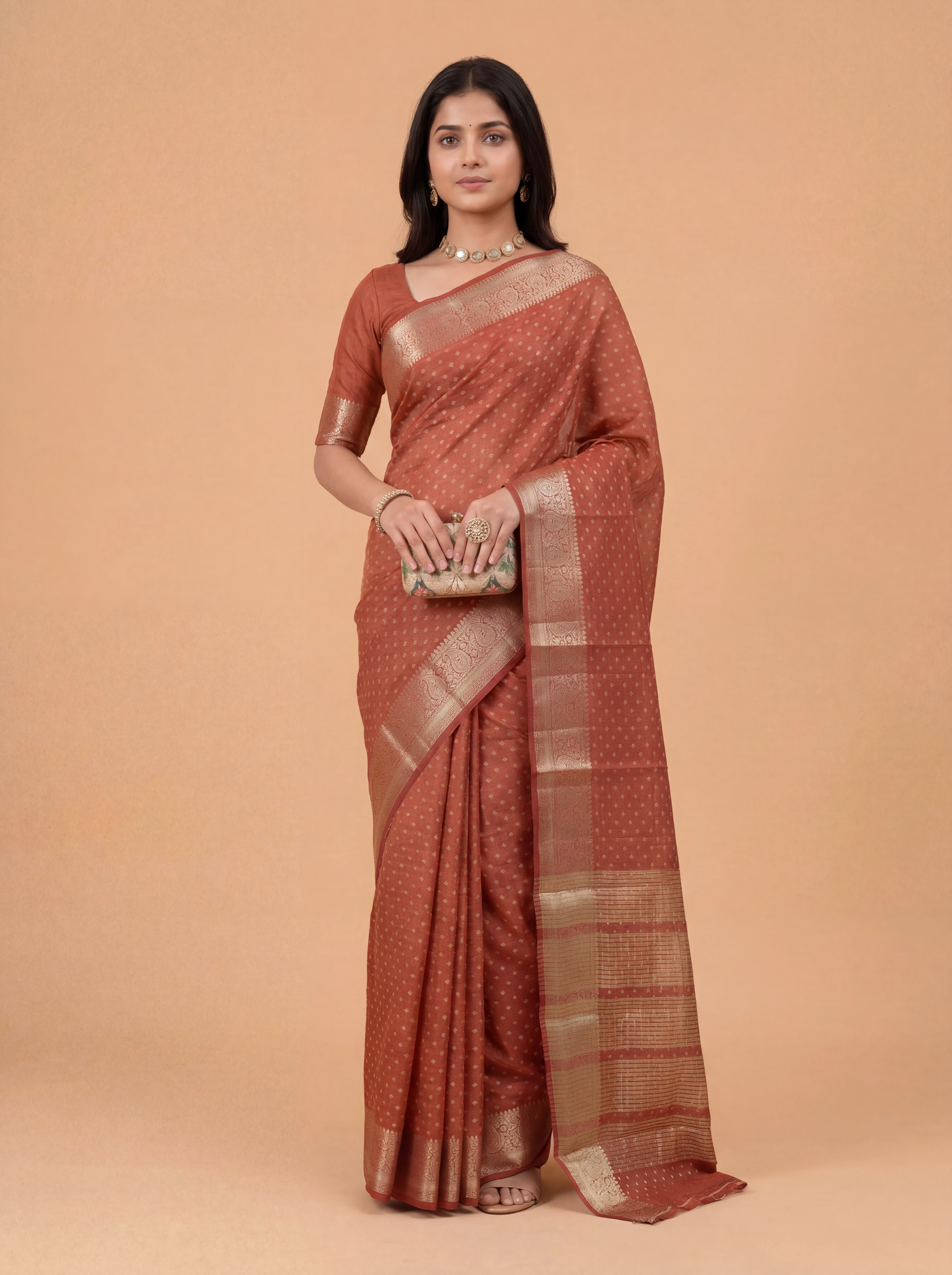 Women Semi Raw Silk Red Saree SRS124