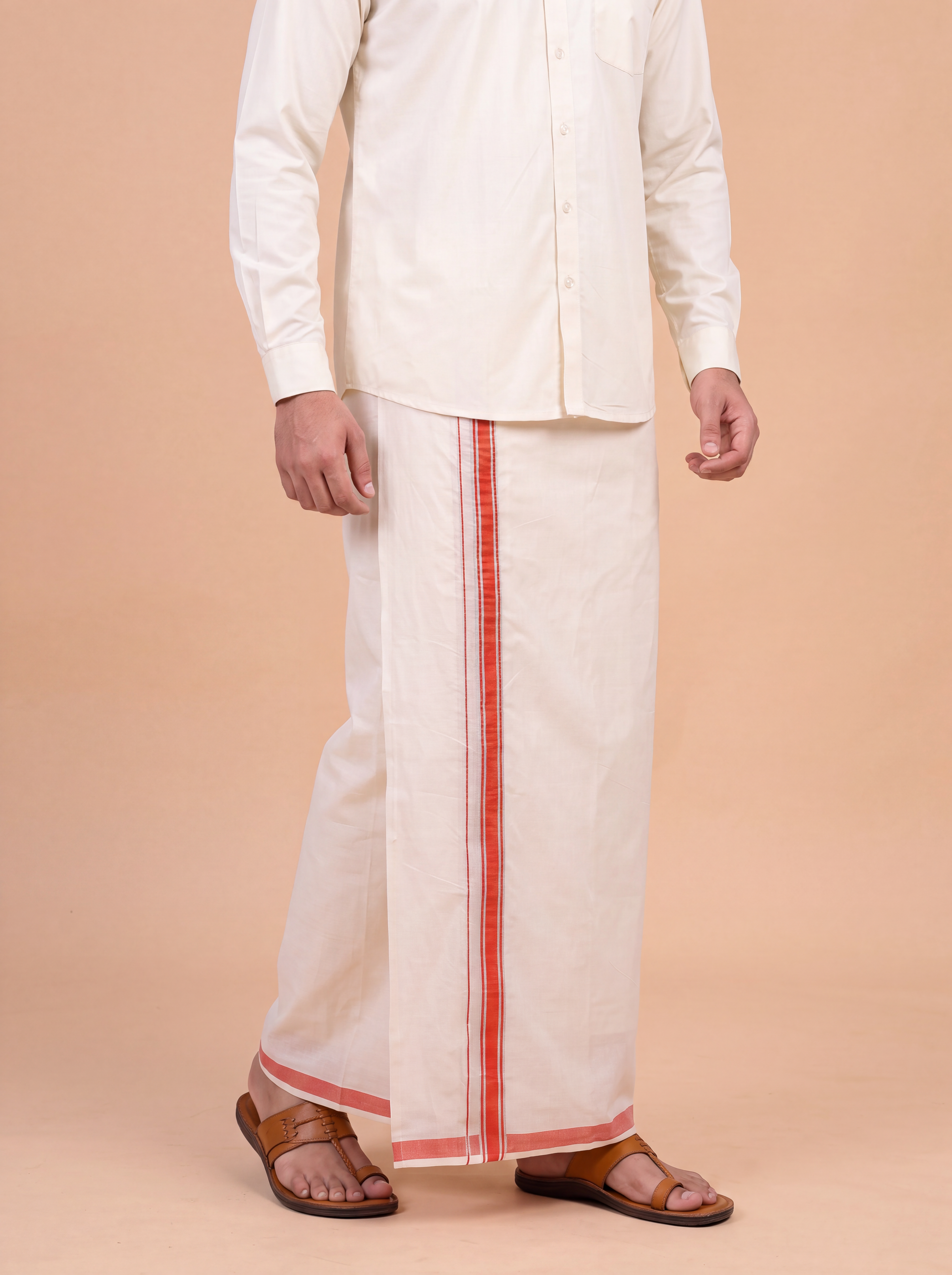 Double Layer Kora Cotton Cream Dhoti with Colour Jari Border - Chamber 3.9m CSJ01