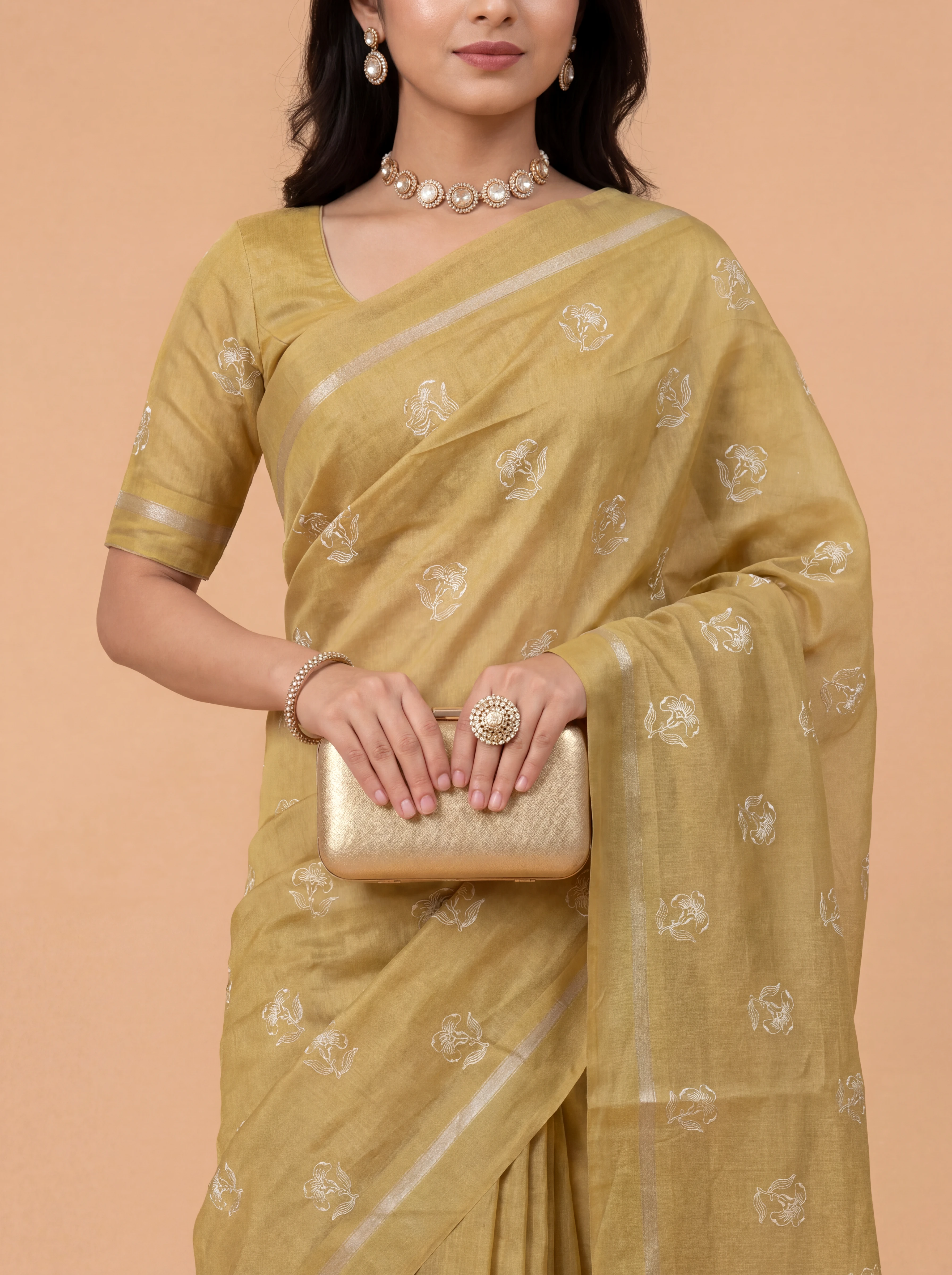 Women Semi Tussar Embroidered Mustard Saree ST350