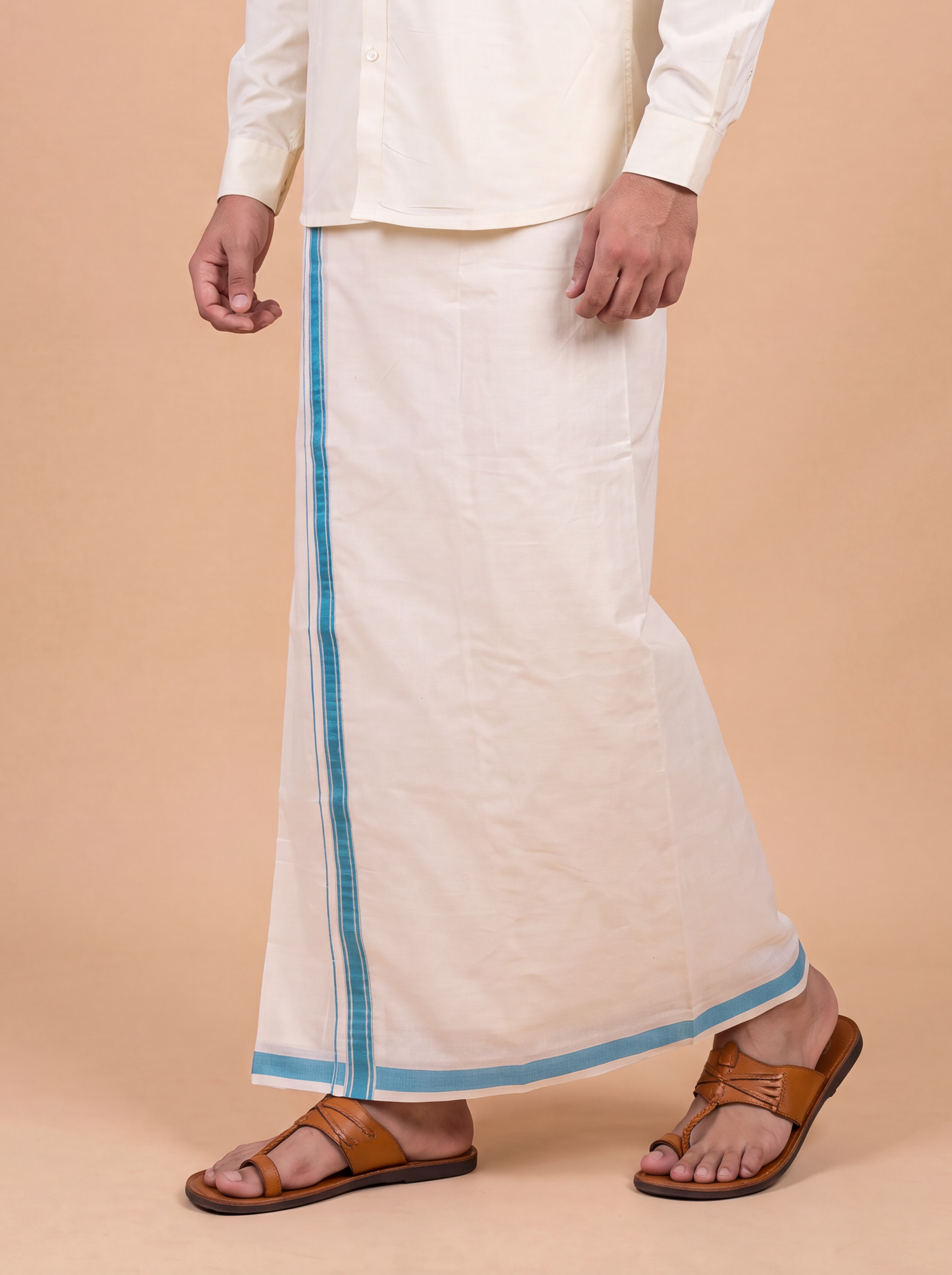 Double Layer Kora Cotton Cream Dhoti with Colour Jari Border - Chamber 3.9m CSJ02