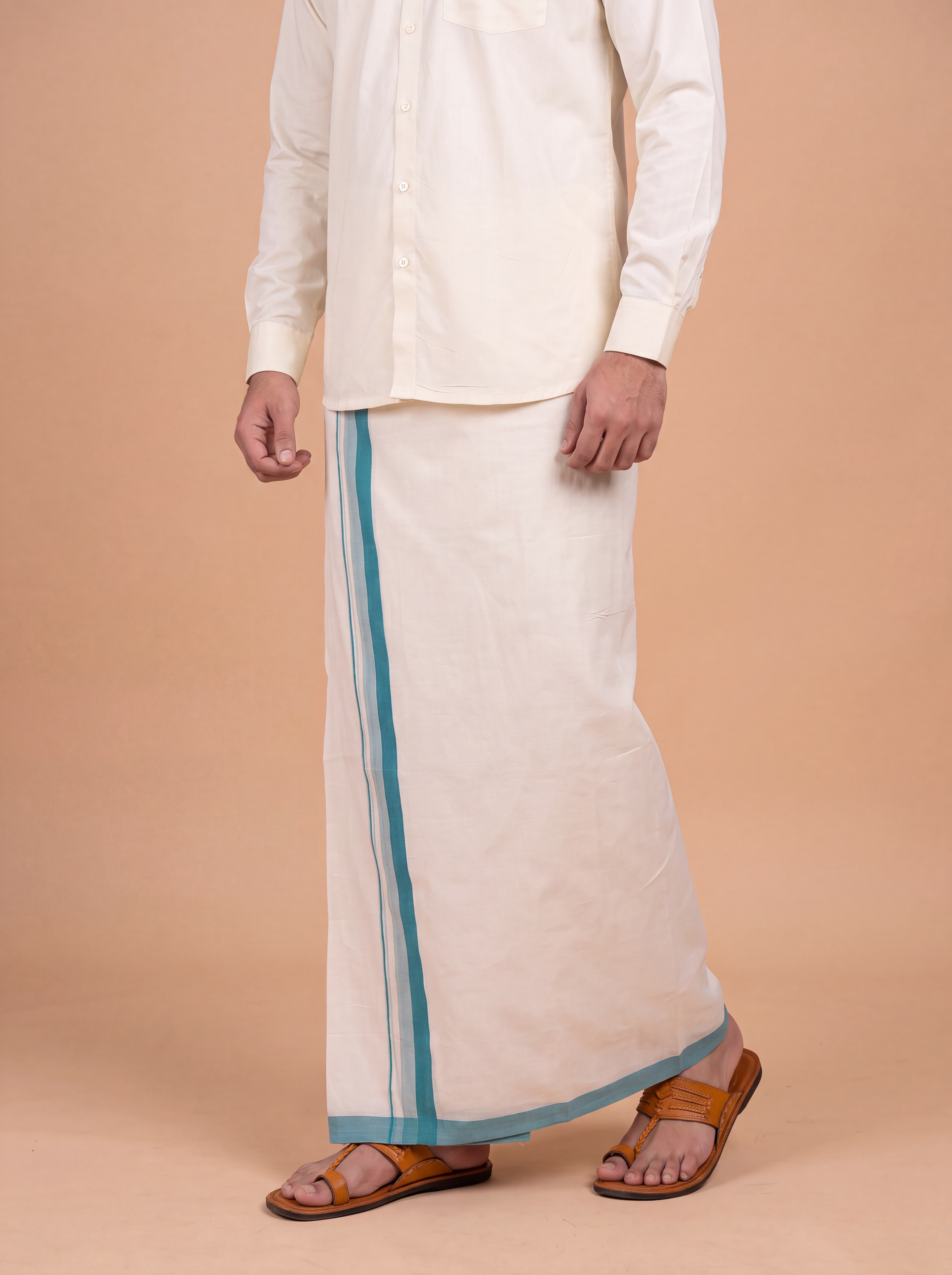 Double Layer Kora Cotton Cream Dhoti with Colour Border - Rivan Fancy RF02 3.80m