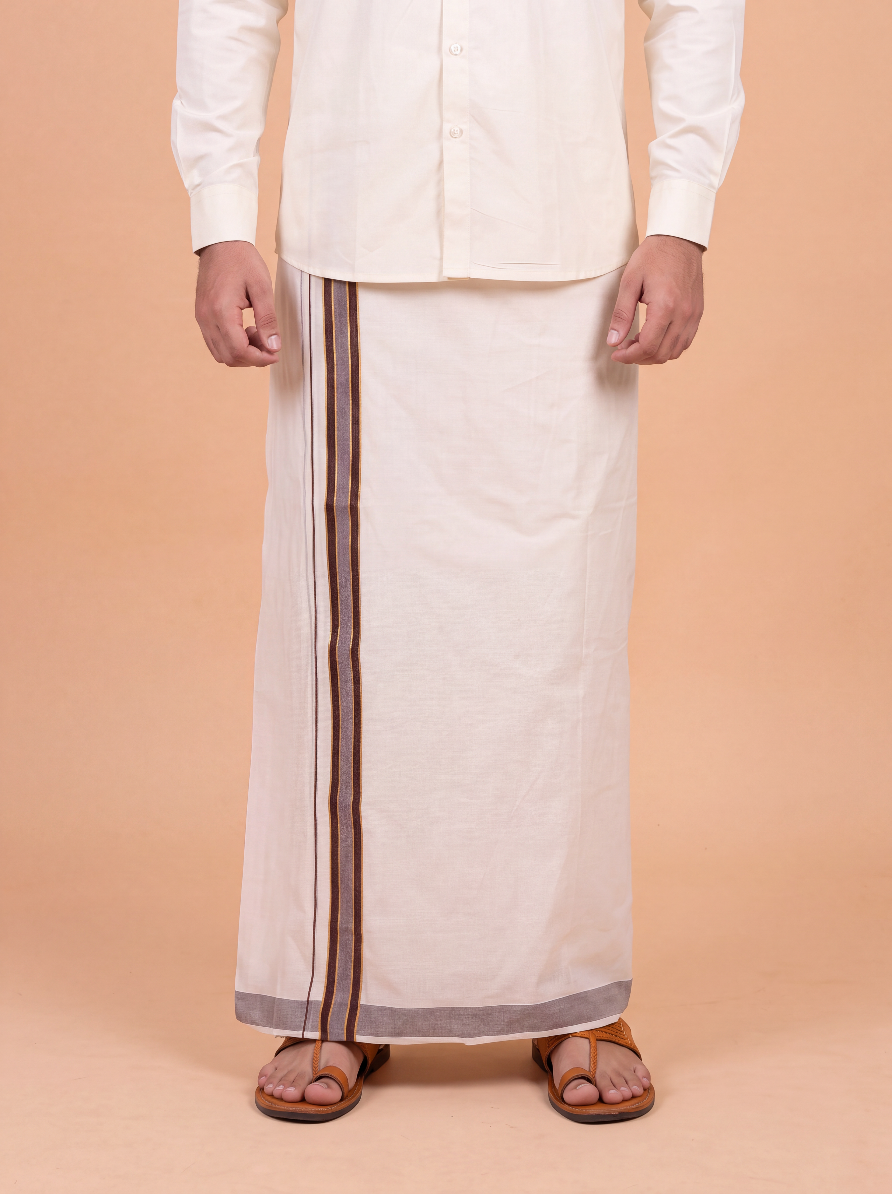 Double Layer Kora Cotton Cream Dhoti with Colour Jari Border - Excel 3.9m EGJ01
