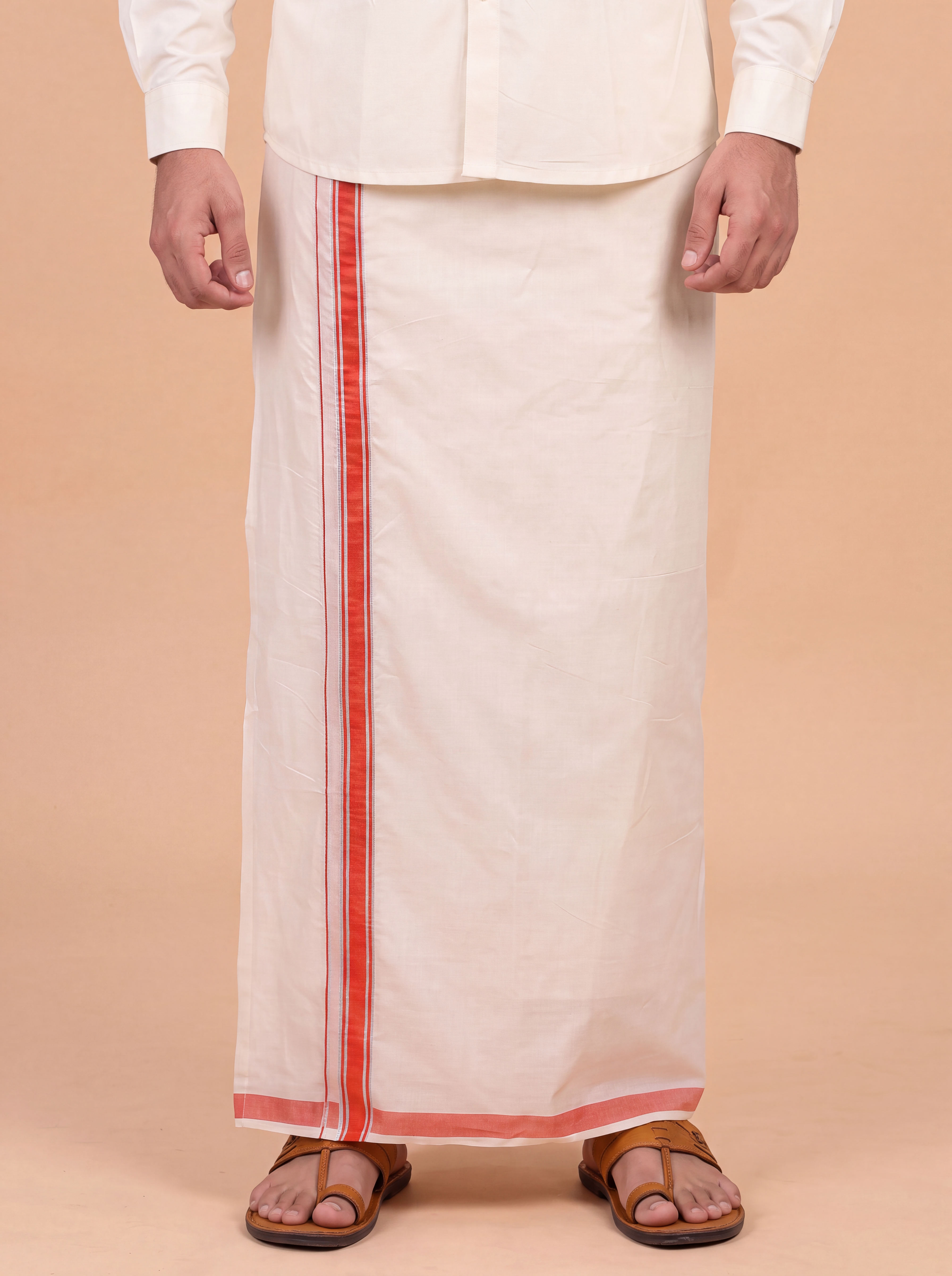 Double Layer Kora Cotton Cream Dhoti with Colour Jari Border - Chamber 3.9m CSJ01