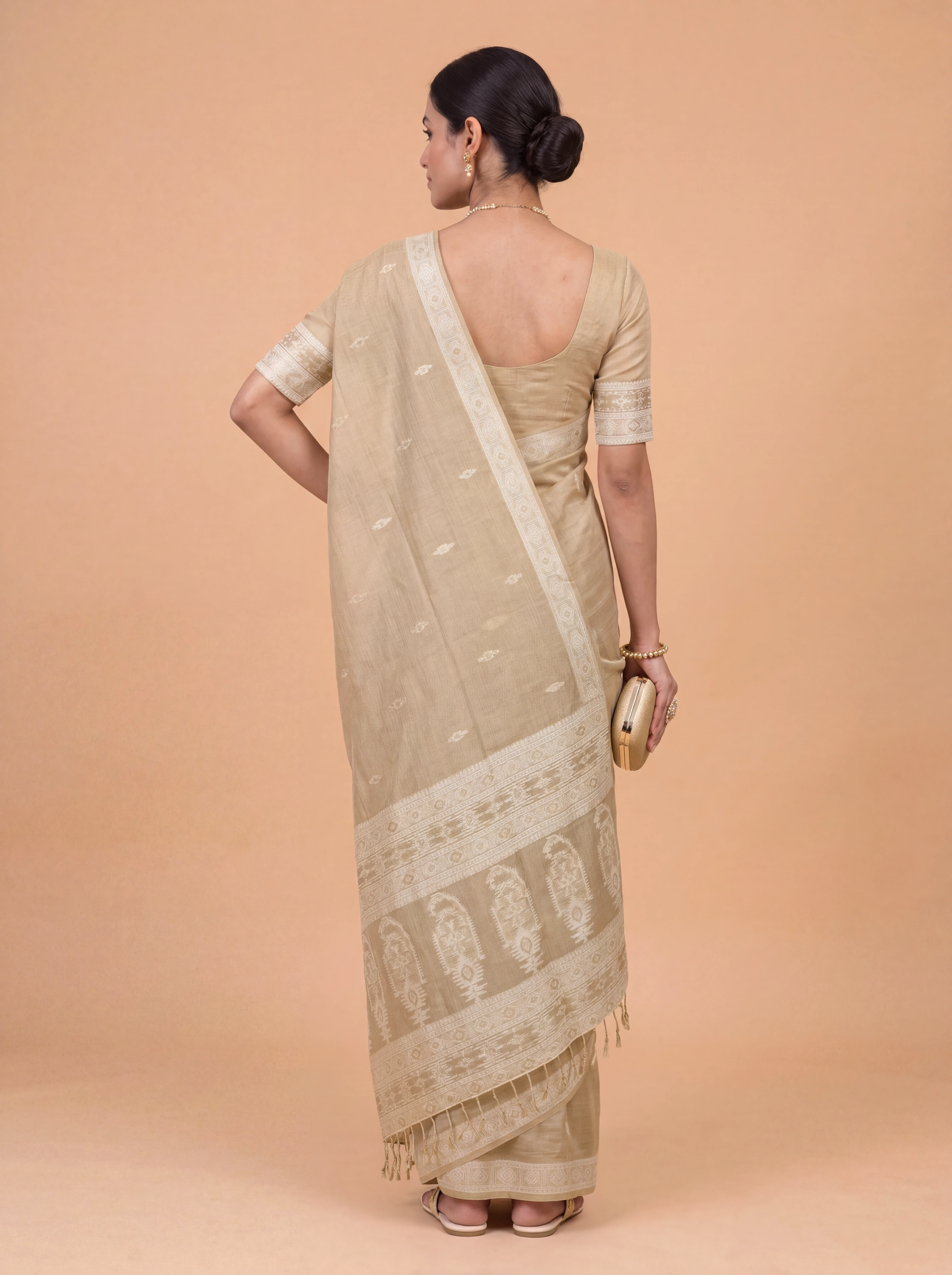 Women Light Brown Spun Poly Saree SP02