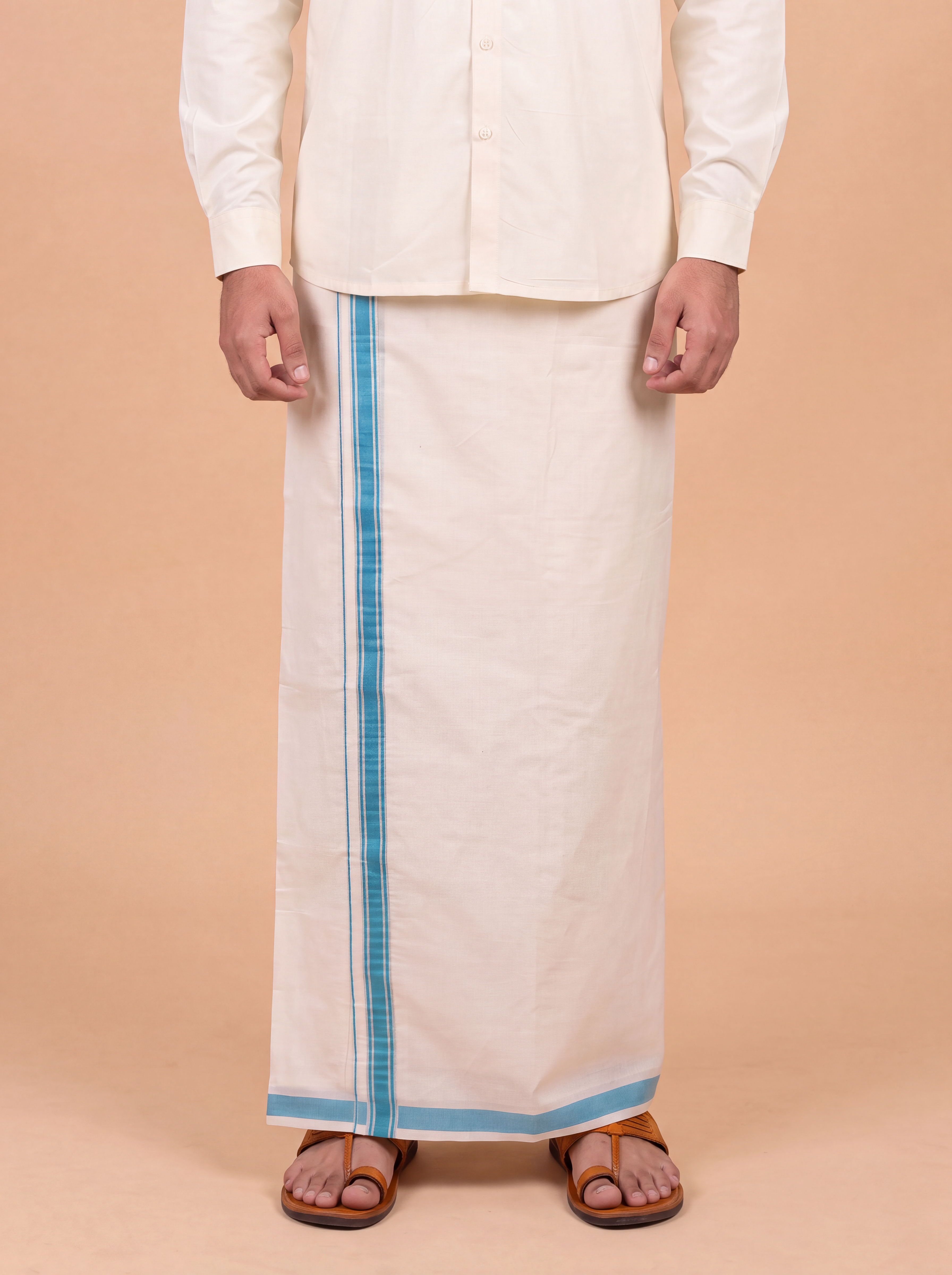 Double Layer Kora Cotton Cream Dhoti with Colour Jari Border - Chamber 3.9m CSJ02