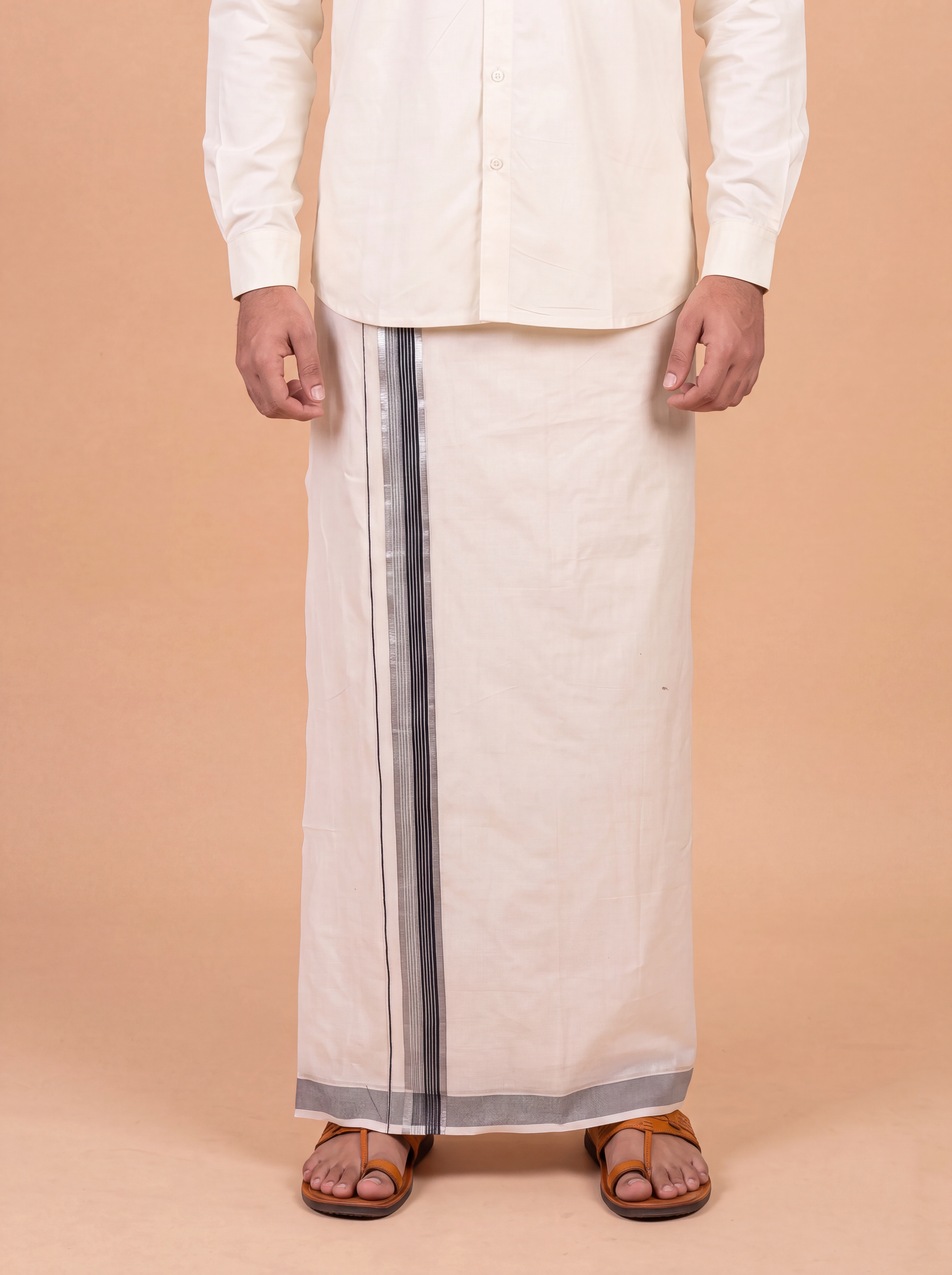 Double Layer Kora Cotton Cream Dhoti with Colour Border - Environ Fancy EF01 4m