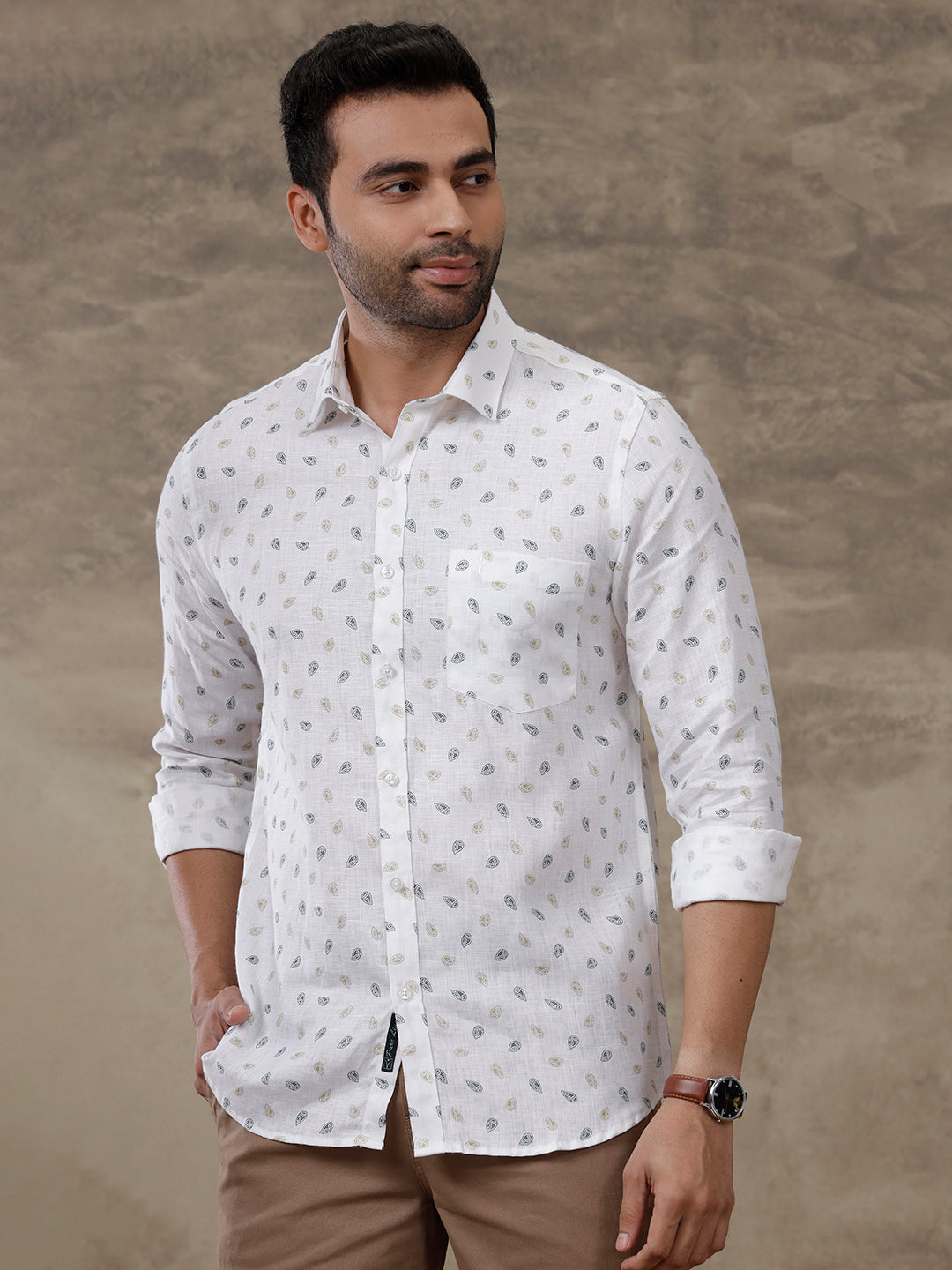 Men Pure Linen Printed Shirt White LS68