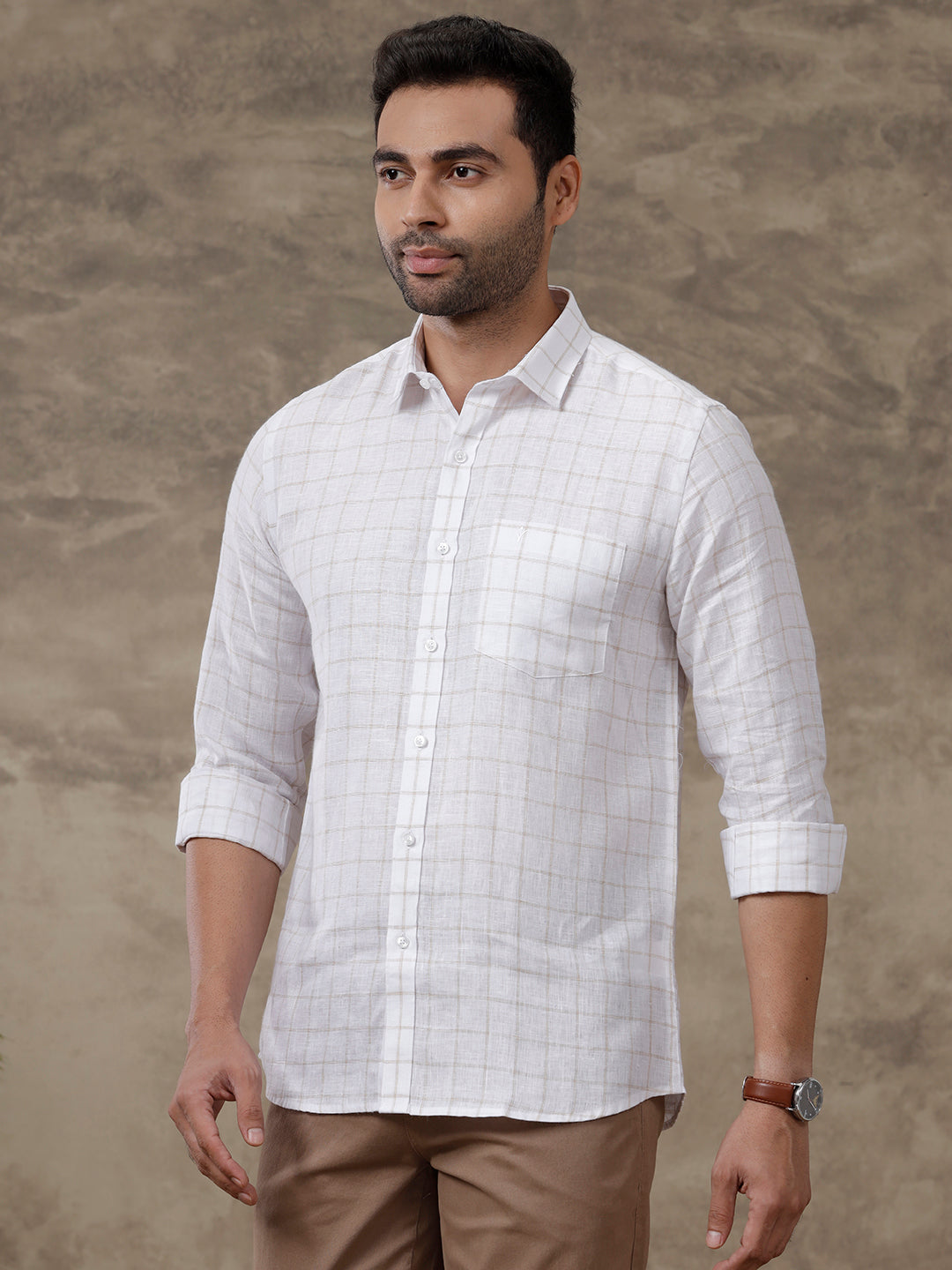 Men Pure Linen Checked Shirt White - LS51