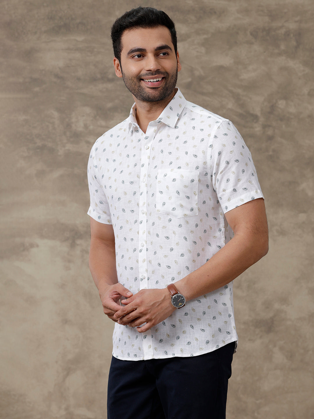Men Pure Linen Printed Shirt White LS68