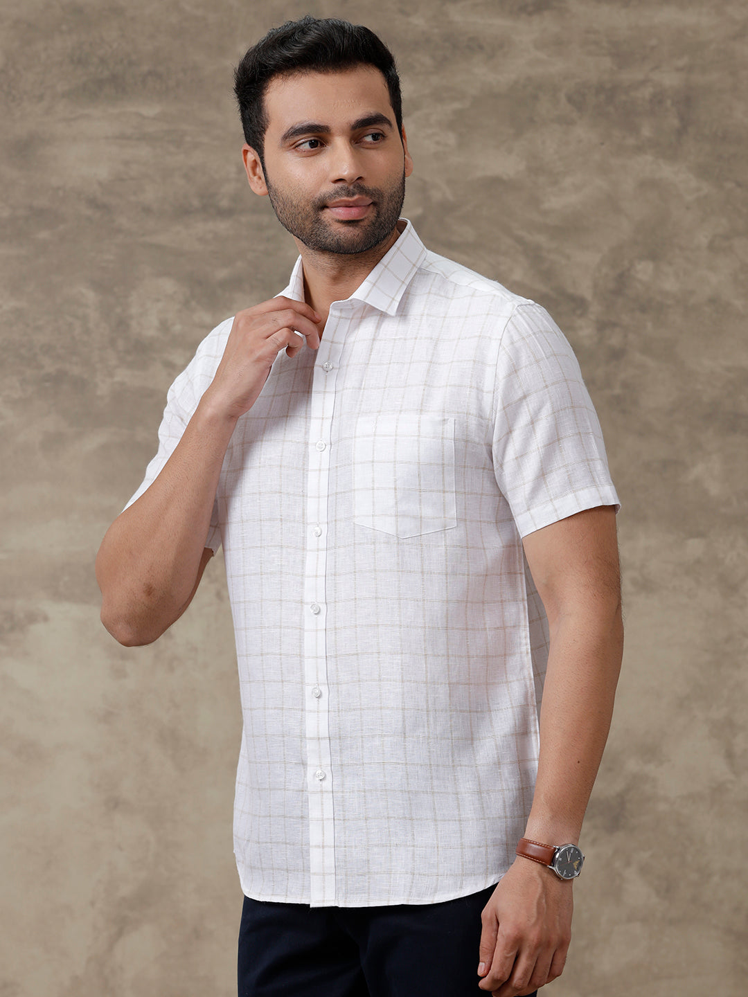 Men Pure Linen Checked Shirt White - LS51